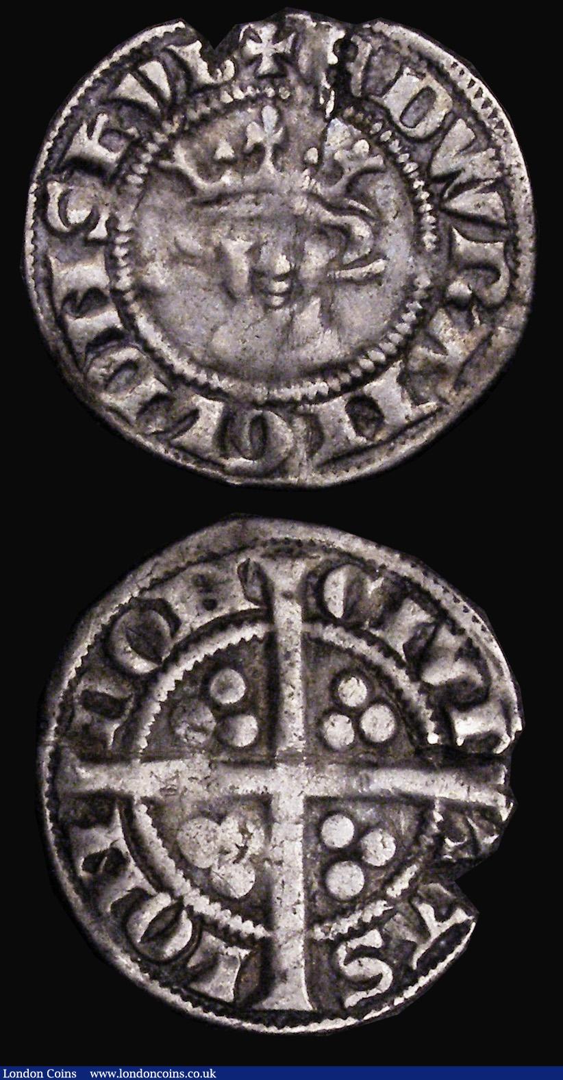 London Coins : A185 : Lot 1663 : Pennies Edward I (3) London Mint Class 8a, S.1405, 1.30 grammes, Fine with edge cracks and chips, Lo...