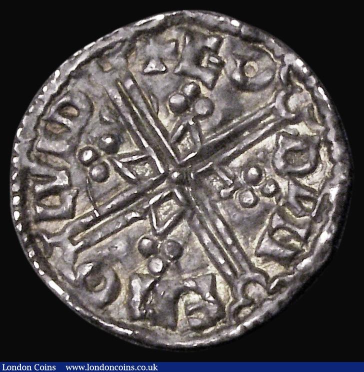 London Coins : A185 : Lot 1669 : Penny Aethelred II Helmet type, Armoured Bust S.1152 London Mint moneyer GOD GVF with a flan crack 