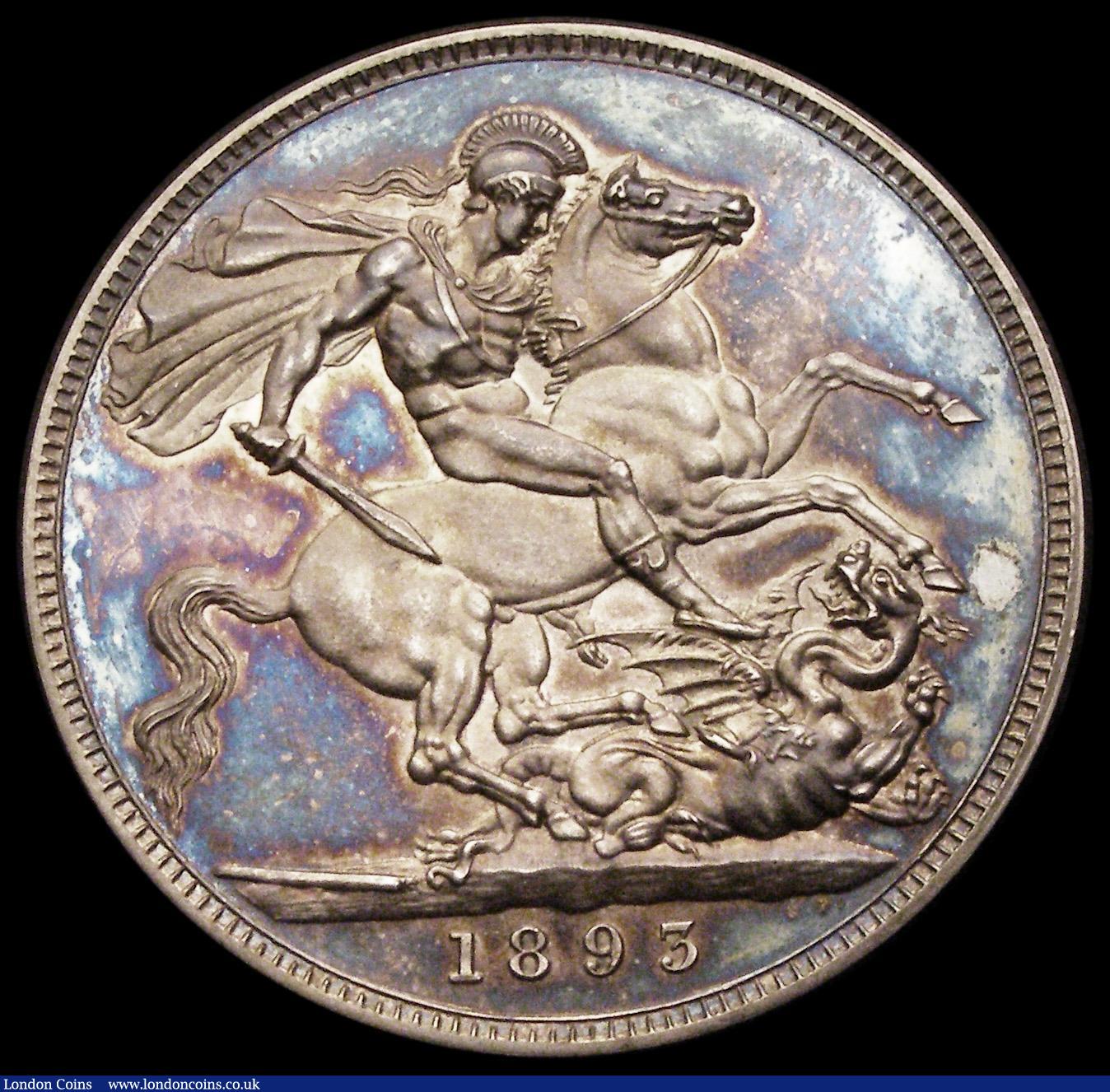 London Coins : A185 : Lot 1725 : Crown 1893 LVI Proof ESC 304, Bull 2594, Davies 505P, dies 2A, nFDC with a beautiful shimmering blue...