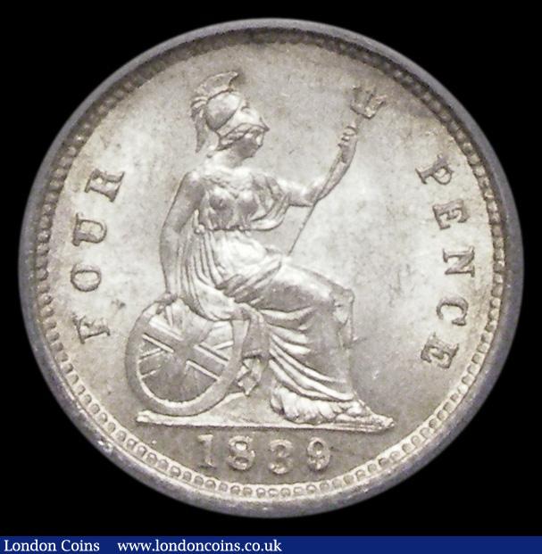 London Coins : A185 : Lot 1757 : Groat 1839 ESC 1932, Bull 3323 Lustrous UNC, the obverse with a pleasing and multicoloured tone, in ...