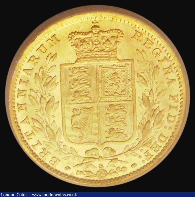 London Coins : A185 : Lot 1952 : Sovereign 1881S Shield Reverse, Marsh 77A, S.3855B, Pointed tip to truncation, hairline in line with...