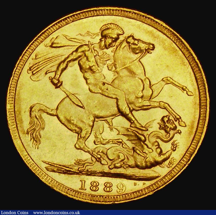 London Coins : A185 : Lot 1987 : Sovereign 1889 G: of D:G: closer to the crown, Marsh 127, S.3866B, DISH L11 NEF/EF with some contact...