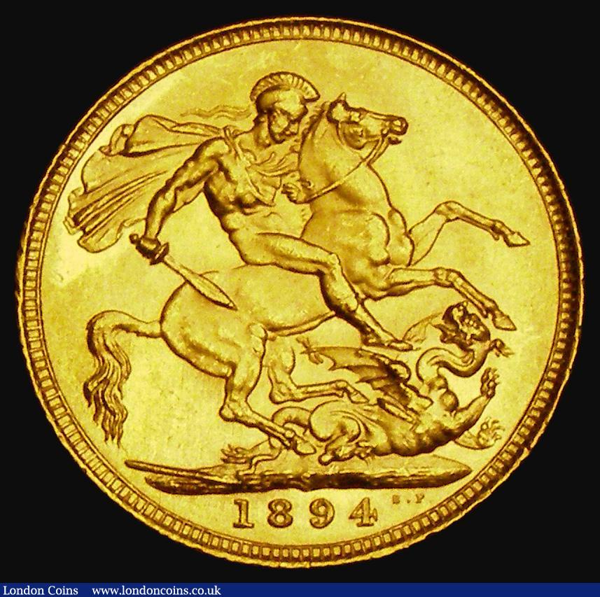 London Coins : A185 : Lot 2006 : Sovereign 1894S Marsh 163, S.3877, GEF and lustrous with some small rim nicks, the reverse with trac...