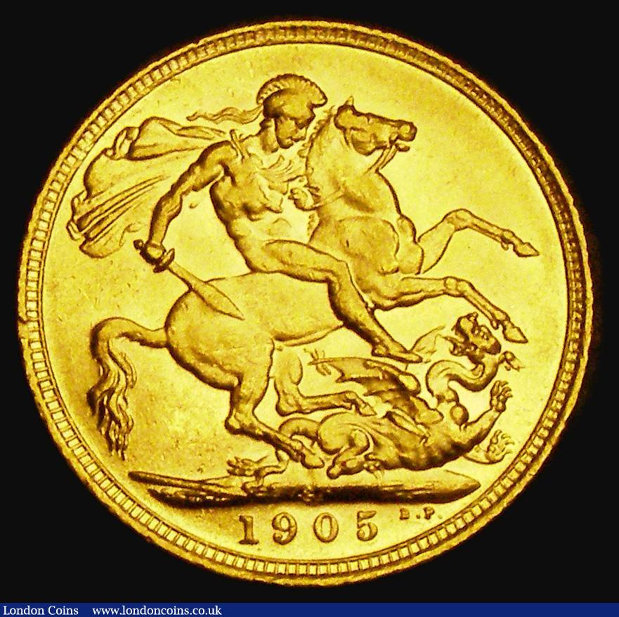 London Coins : A185 : Lot 2045 : Sovereign 1905S Marsh 207, S.3973, NEF/EF with some contact marks and edge nicks, the reverse lustro...