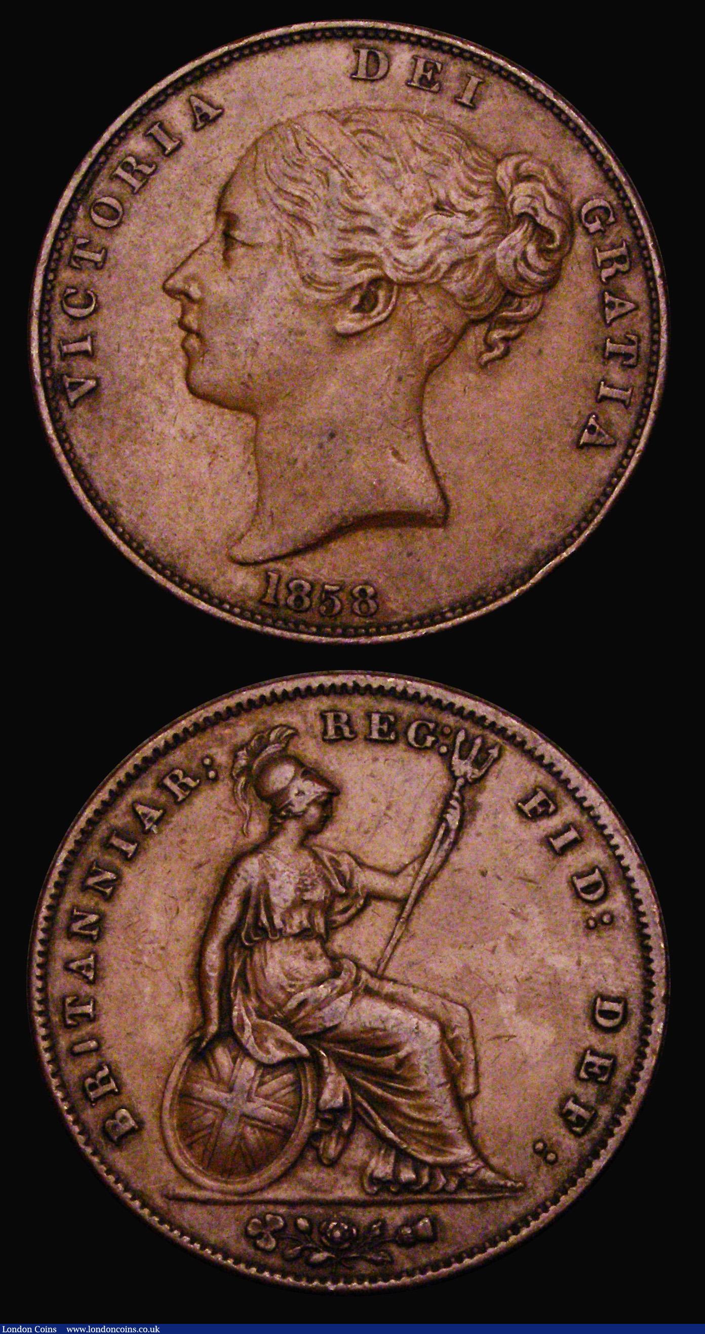 London Coins : A185 : Lot 2648 : Penny (2 ) 1853 Ornamental Trident, Narrow Date, Gouby CP1853D NVF/GF with some edge bruises, the ac...