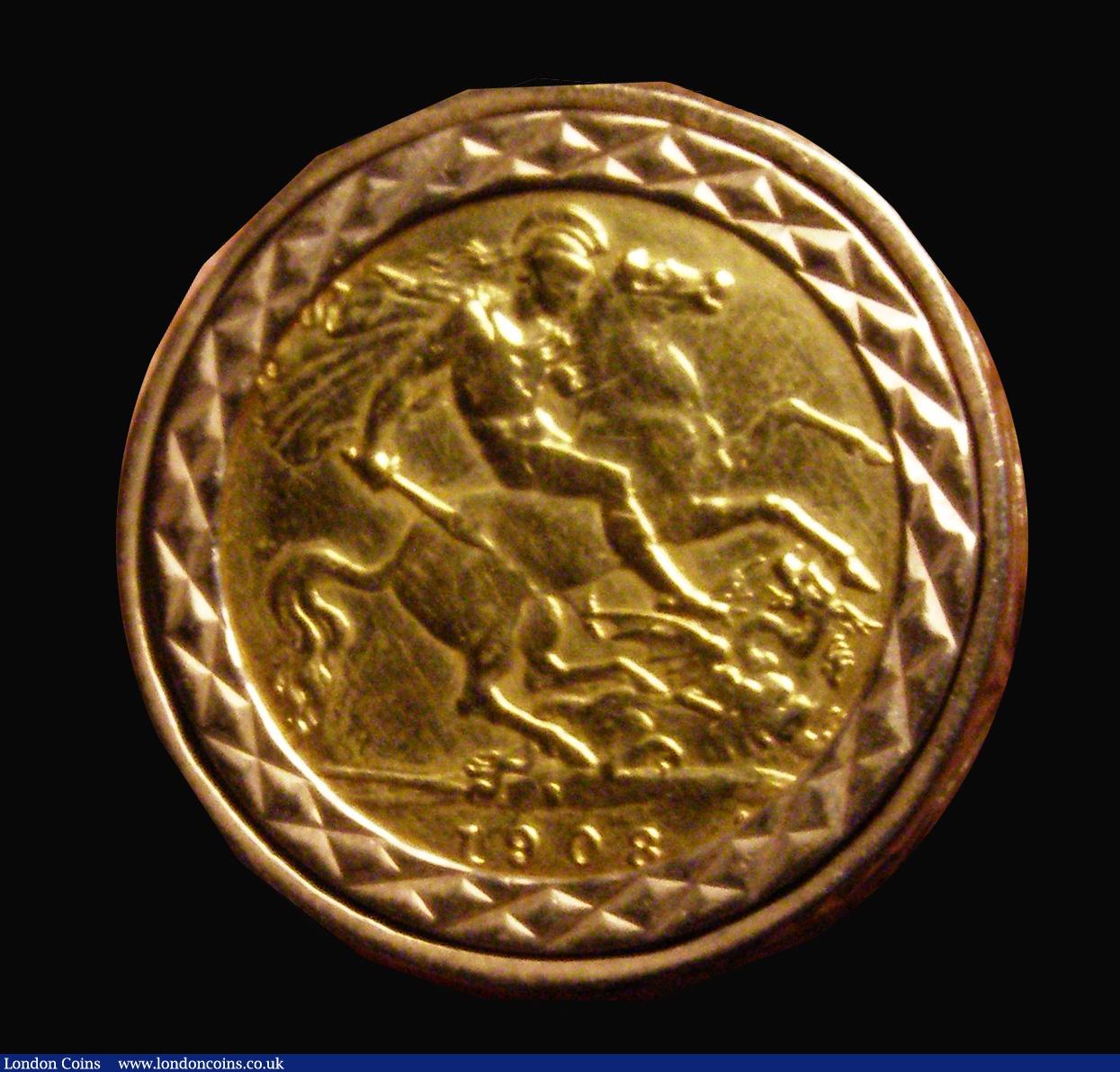 London Coins : A185 : Lot 2936 : Sovereign 1908S Fine with some scratches, in a 9 carat gold gents ring total weight 11.17 grammes