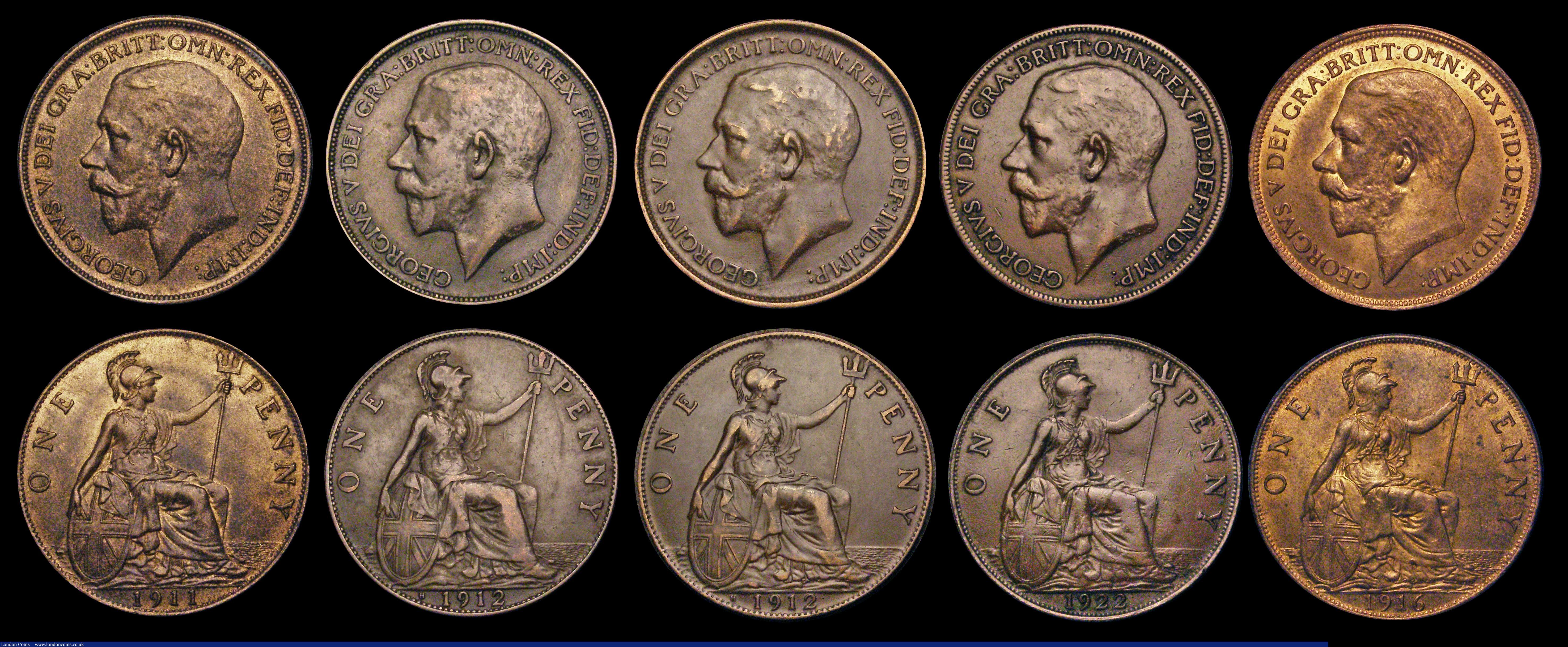 London Coins : A185 : Lot 3093 : Florin to Penny (8) Florin 1916 NEF/EF, Sixpences (2) 1916 AU/GEF and attractively toned, 1926 Modif...