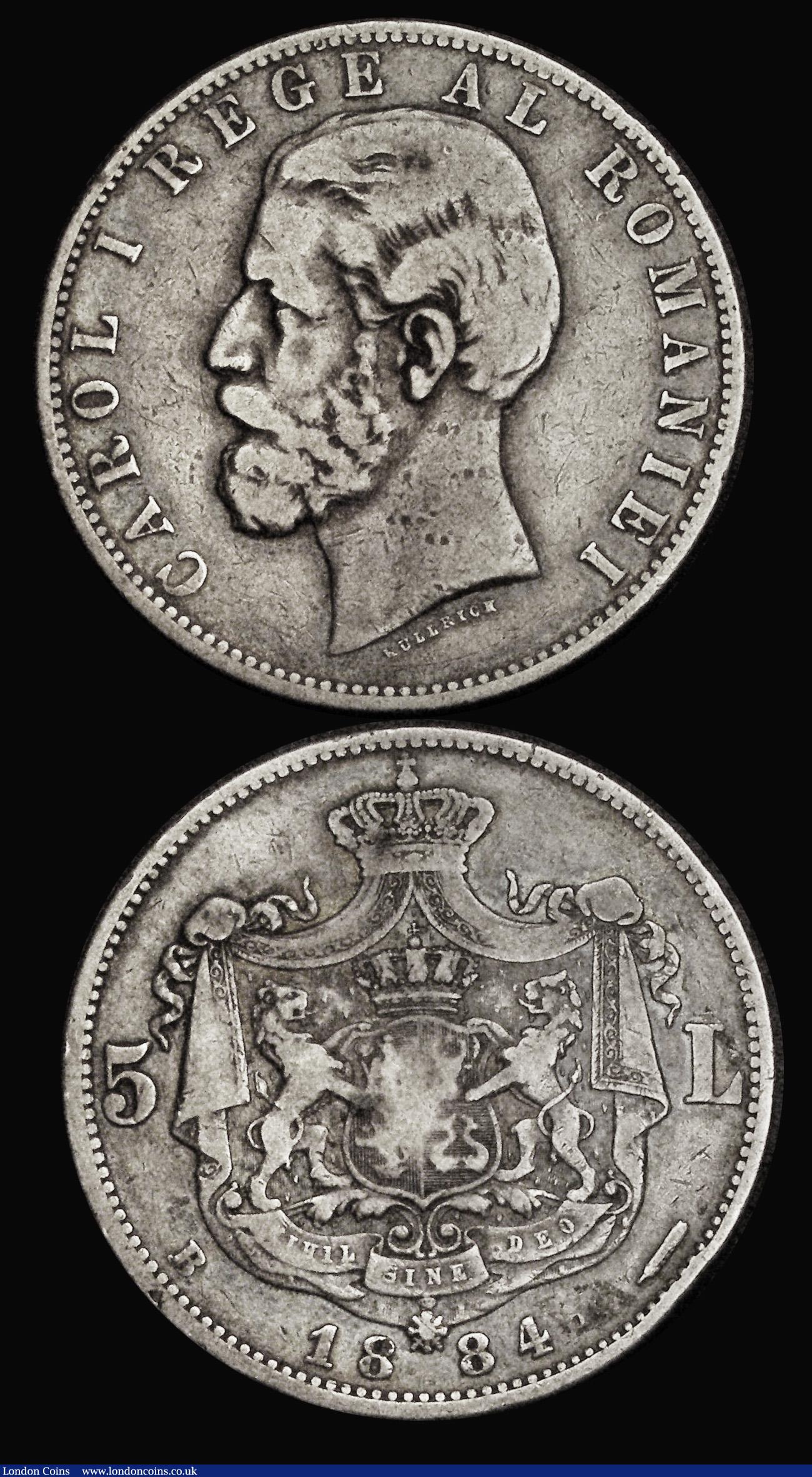 London Coins : A185 : Lot 3482 : Romania 5 Lei 1884 KM#17.1 Fine, Scarce, Bulgaria Five Leva 1894KB KM#18 Good Fine
