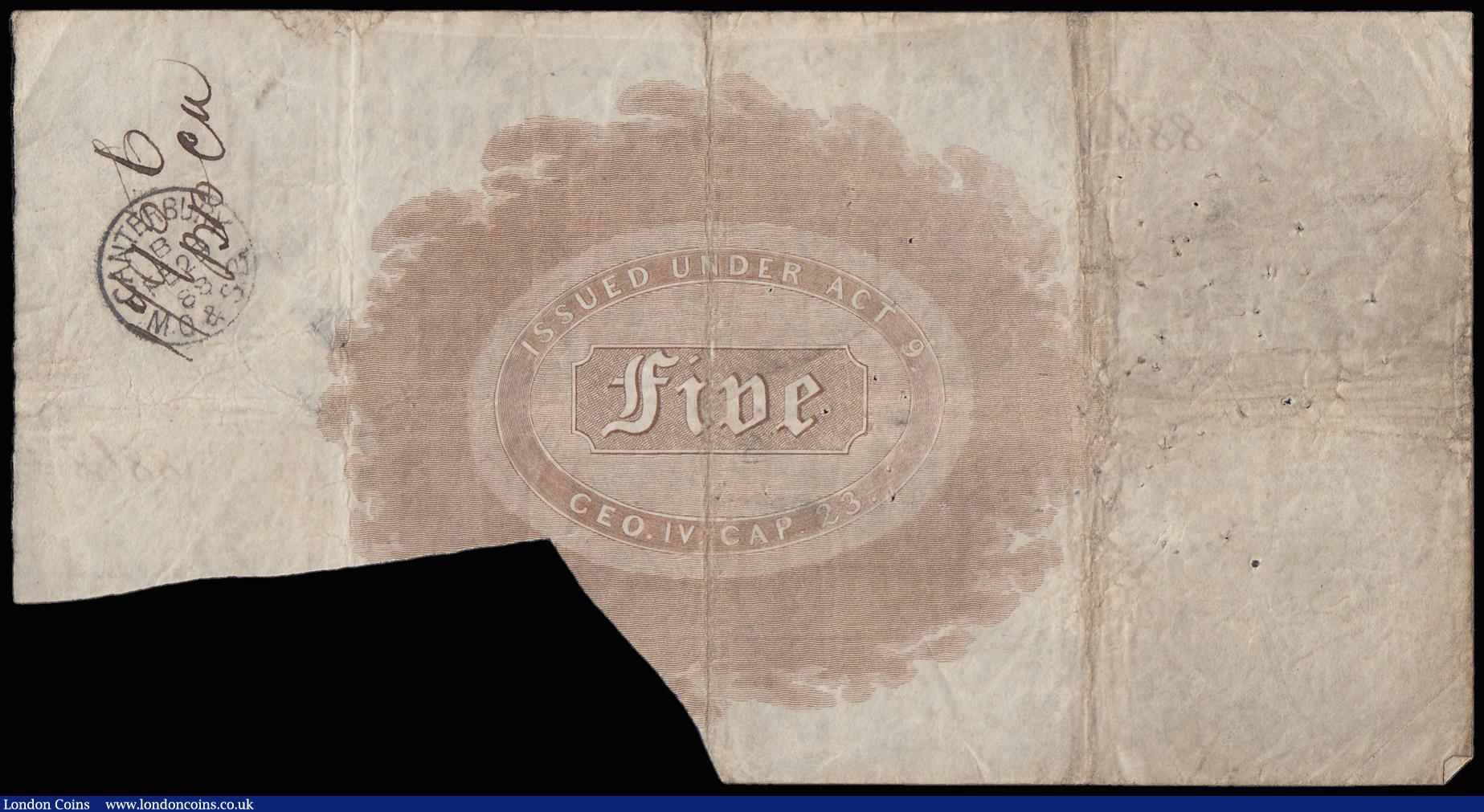 London Coins : A185 : Lot 422 : Faversham Bank Five Pounds dated 1 Oct 1887, No. 8868 for Hilton, Rigden & Rigden, (Outing786d),...