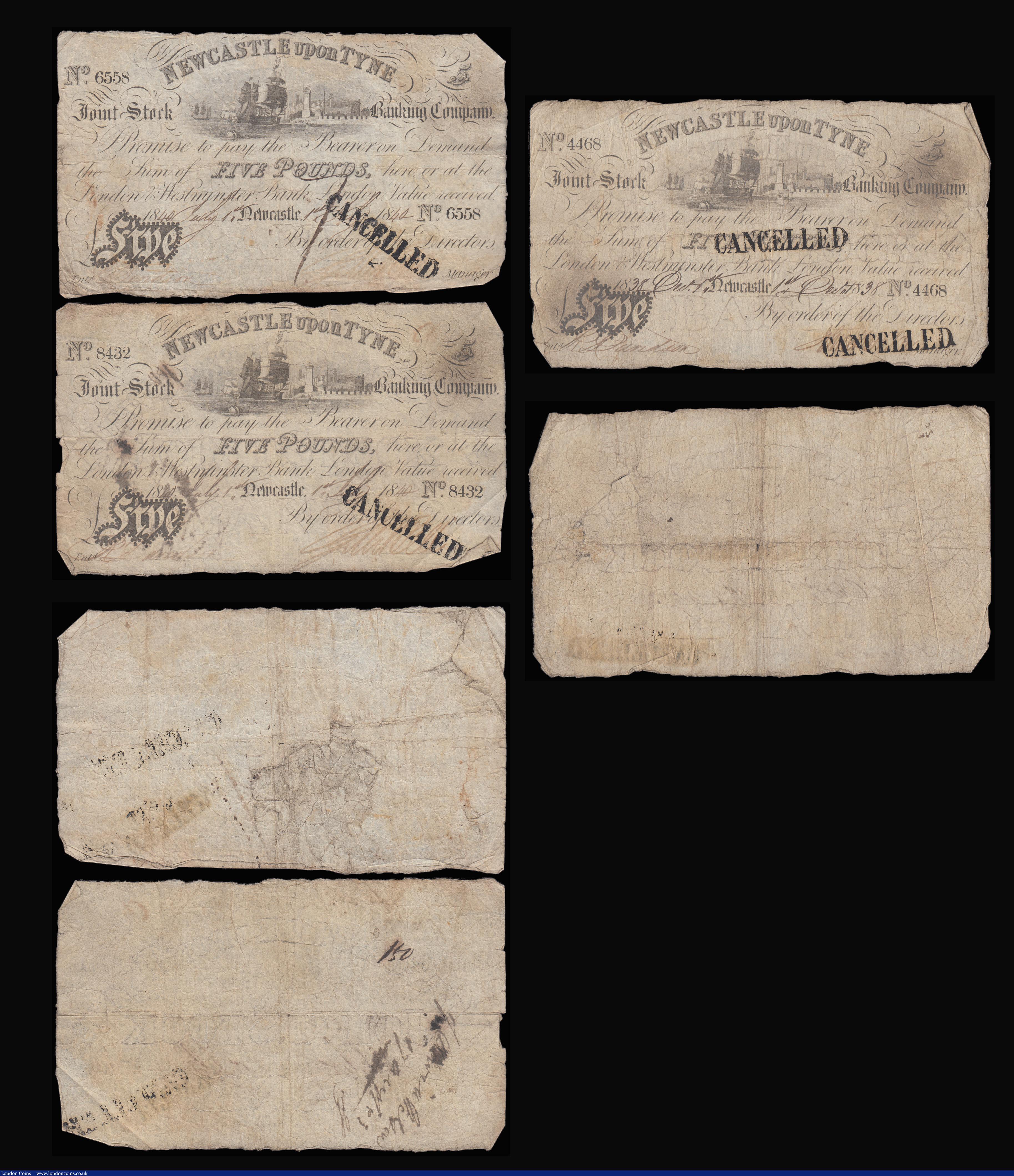 London Coins : A185 : Lot 435 : Newcastle upon Tyne &pound;5 Joint Stock Bank dated 1838-1840 ink Cancelled overprints, (Outing1515b...