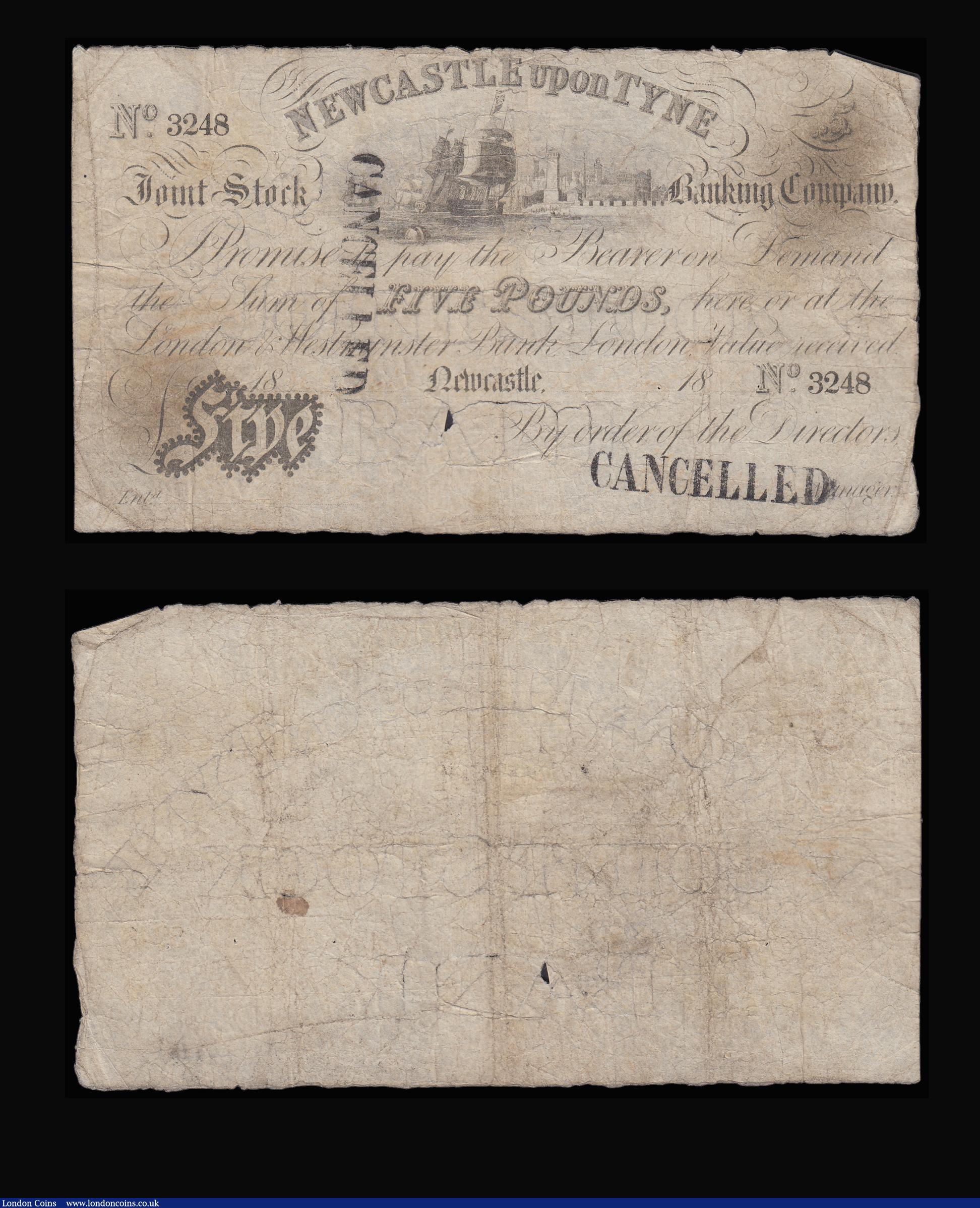 London Coins : A185 : Lot 436 : Newcastle upon Tyne &pound;5 Joint Stock Bank dated 1838-1840 ink Cancelled overprints, (Outing1515b...