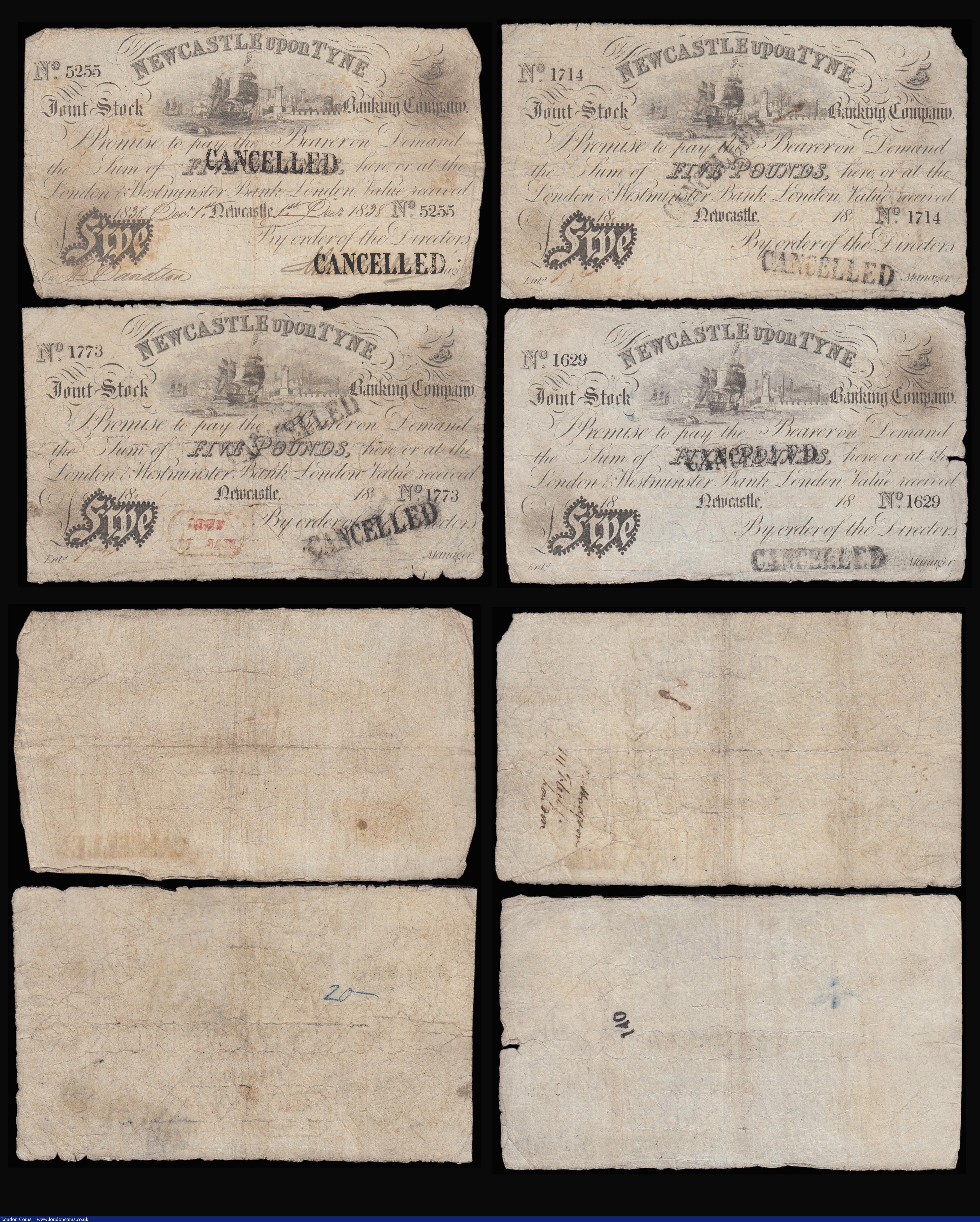 London Coins : A185 : Lot 437 : Newcastle upon Tyne &pound;5 Joint Stock Bank dated 1838-1840 ink Cancelled overprints, (Outing1515b...