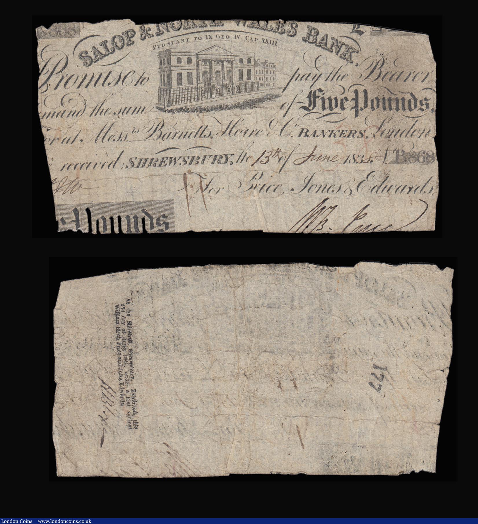 London Coins : A185 : Lot 441 : Salop & North Wales Bank &pound;5, Shrewsbury issue (2) for Price, Jones & Edwards, (Outing ...