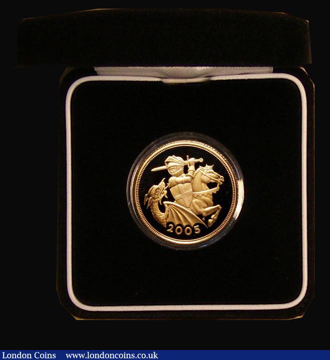 London Coins : A185 : Lot 828 : Sovereign 2005 Modern St. George S.SC6 Gold Proof FDC/nFDC the reverse with some flecks of red tonin...