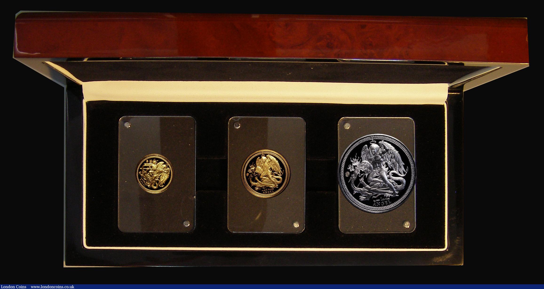 London Coins : A185 : Lot 924 : Isle of Man 2019 a 3-coin  set comprising Gold Quarter Angel 2019 One Quarter Ounce, Gold One Tenth ...