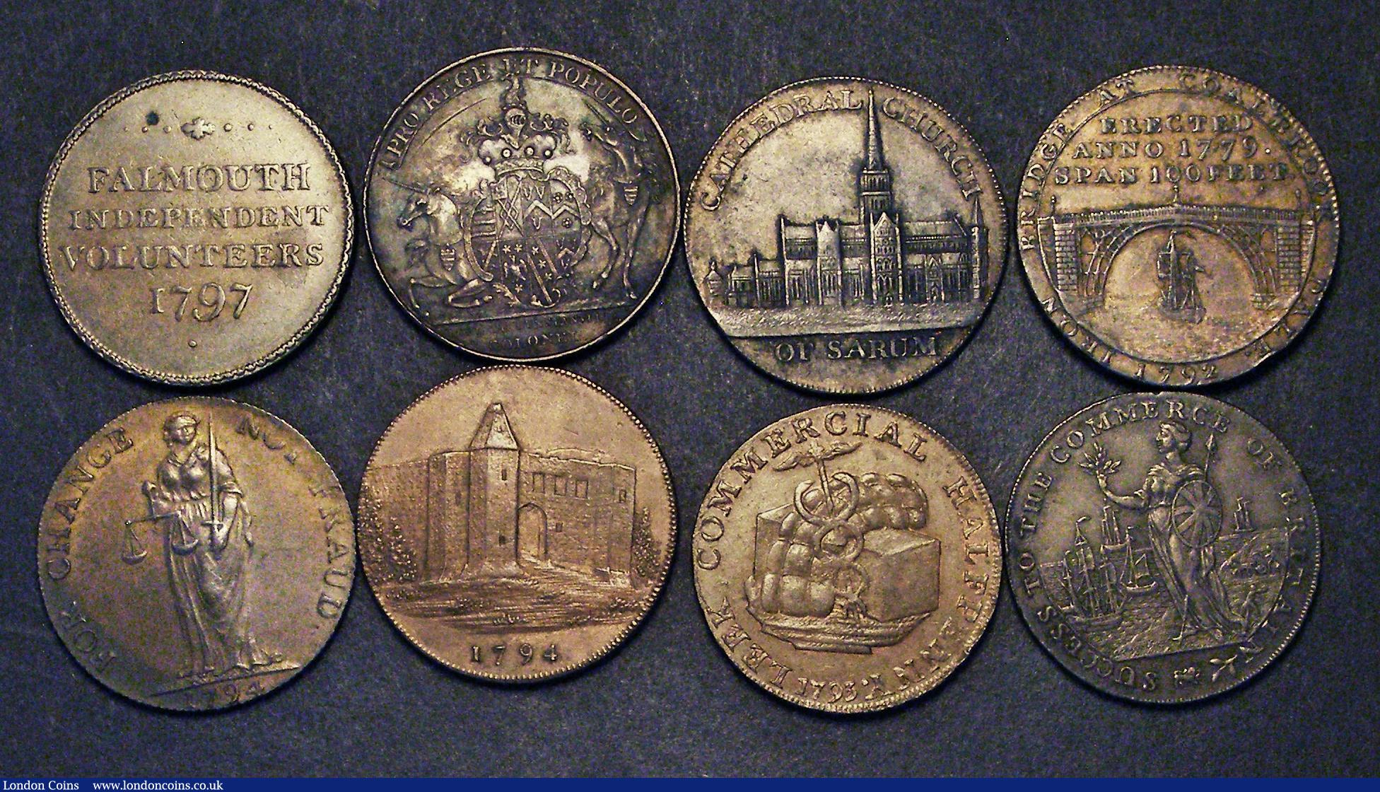 London Coins : A185 : Lot 981 : Halfpennies 18th Century (8) Cornwall (2) Falmouth 1797 Obverse: A spread eagle, Reverse: FALMOUTH I...