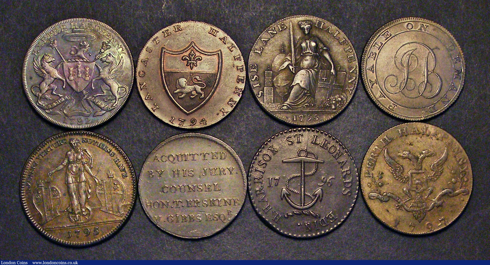 London Coins : A185 : Lot 982 : Halfpennies 18th Century (8) Devon - Exeter 1792 Obverse: Bishop Blaize three-quarter length portrai...