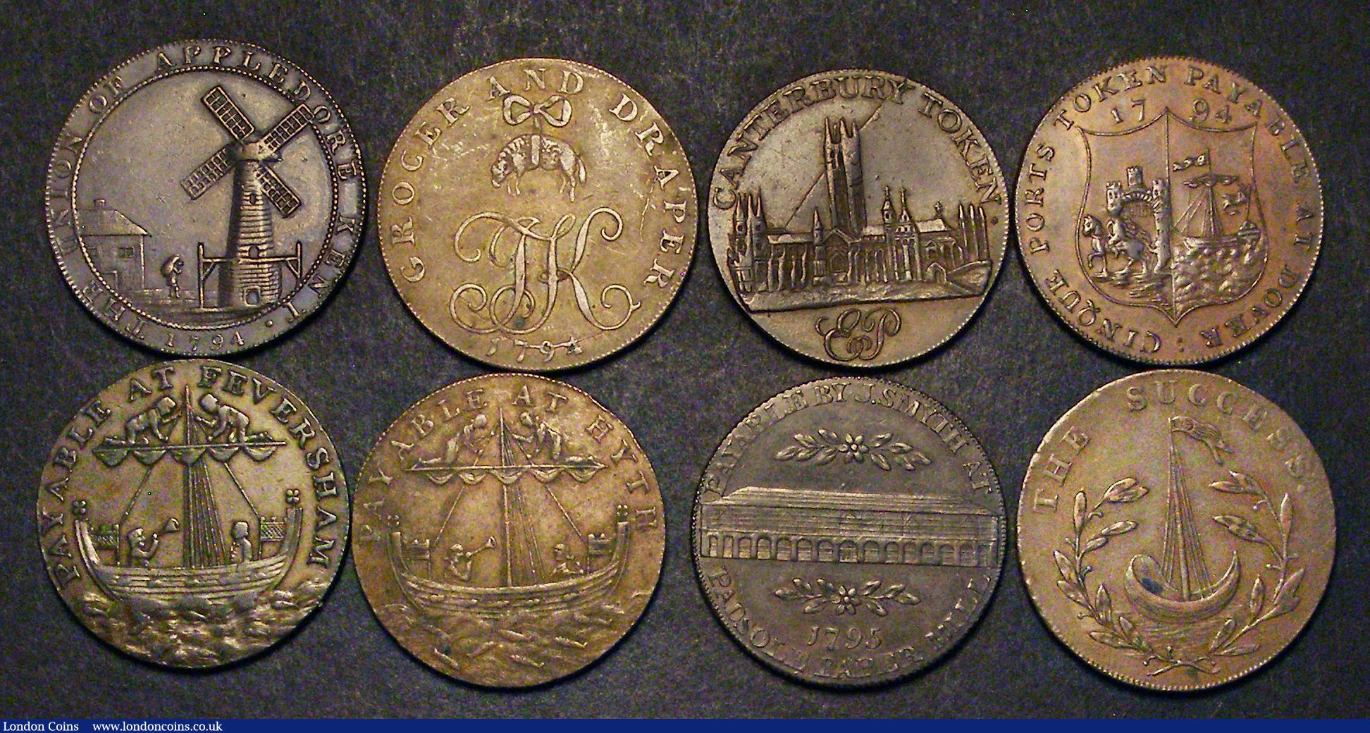 London Coins : A185 : Lot 983 : Halfpennies 18th Century Kent (8) Appledore 1794 Obverse: Man carrying sack to windmill/Lion and lam...