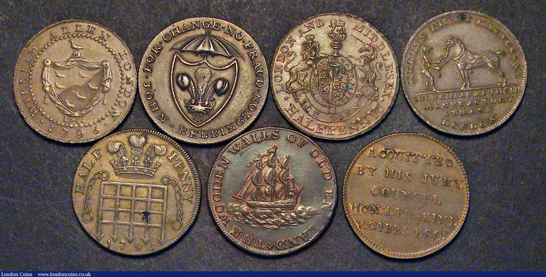 London Coins : A185 : Lot 985 : Halfpennies 18th Century Middlesex (7) Allen's 1795 Obverse: A shield of Arms WILLIAM ALLEN LON...