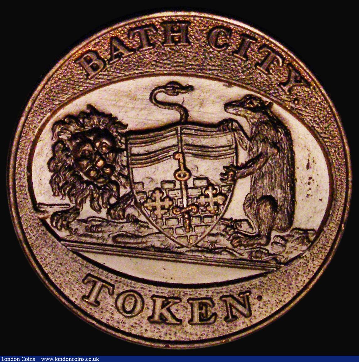 London Coins : A185 : Lot 992 : Halfpenny 18th Century Somerset - Bath City Token undated, Obverse: View of a building PRINCIPAL ENT...