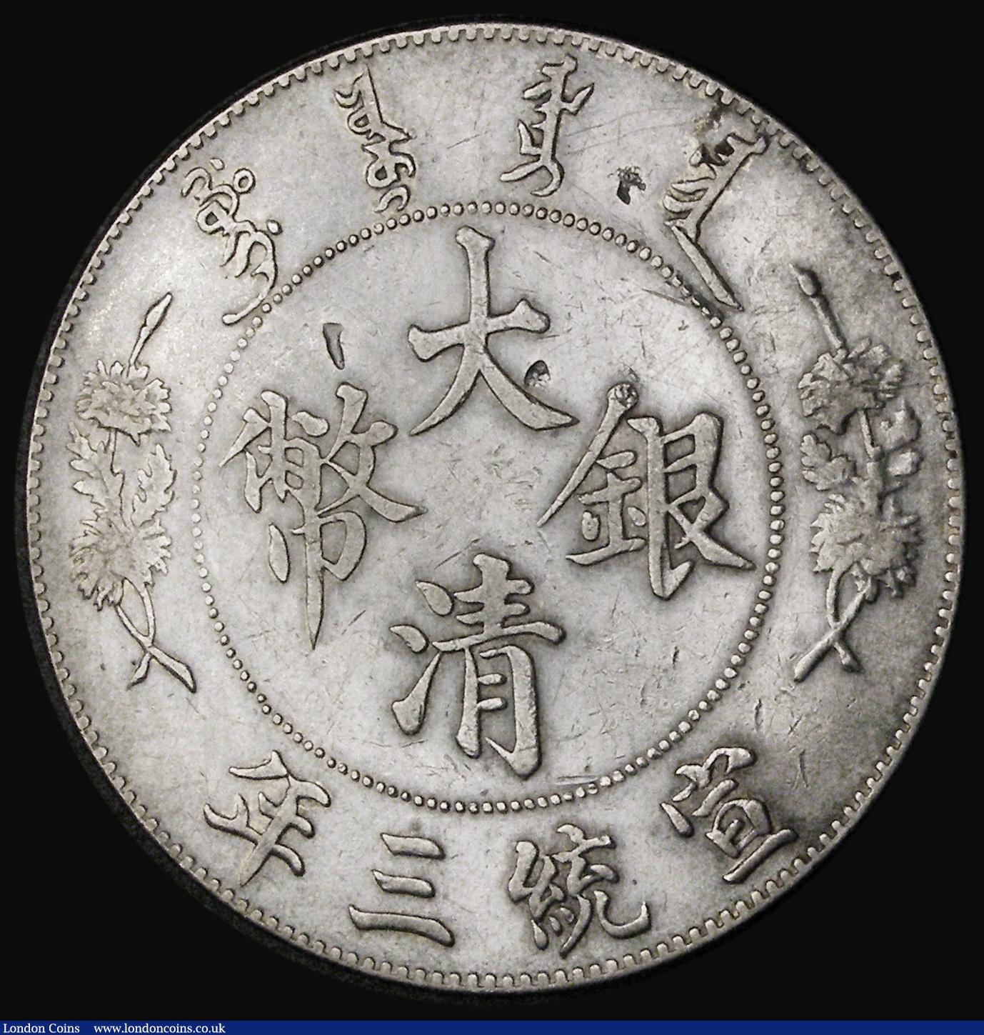 London Coins : A186 : Lot 1013 : China - Empire Dollar Year 3 (1911) with stop after DOLLAR Y#31.1, Good Fine with minor chop marks