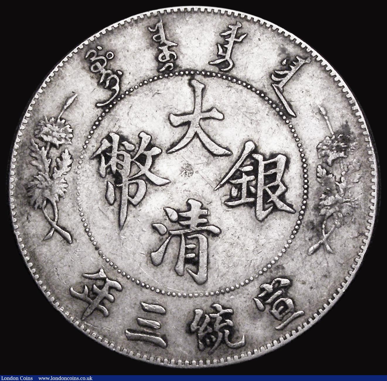 London Coins : A186 : Lot 1014 : China - Empire One Dollar Year 3 (1911) Y#31 Fine with some chop marks