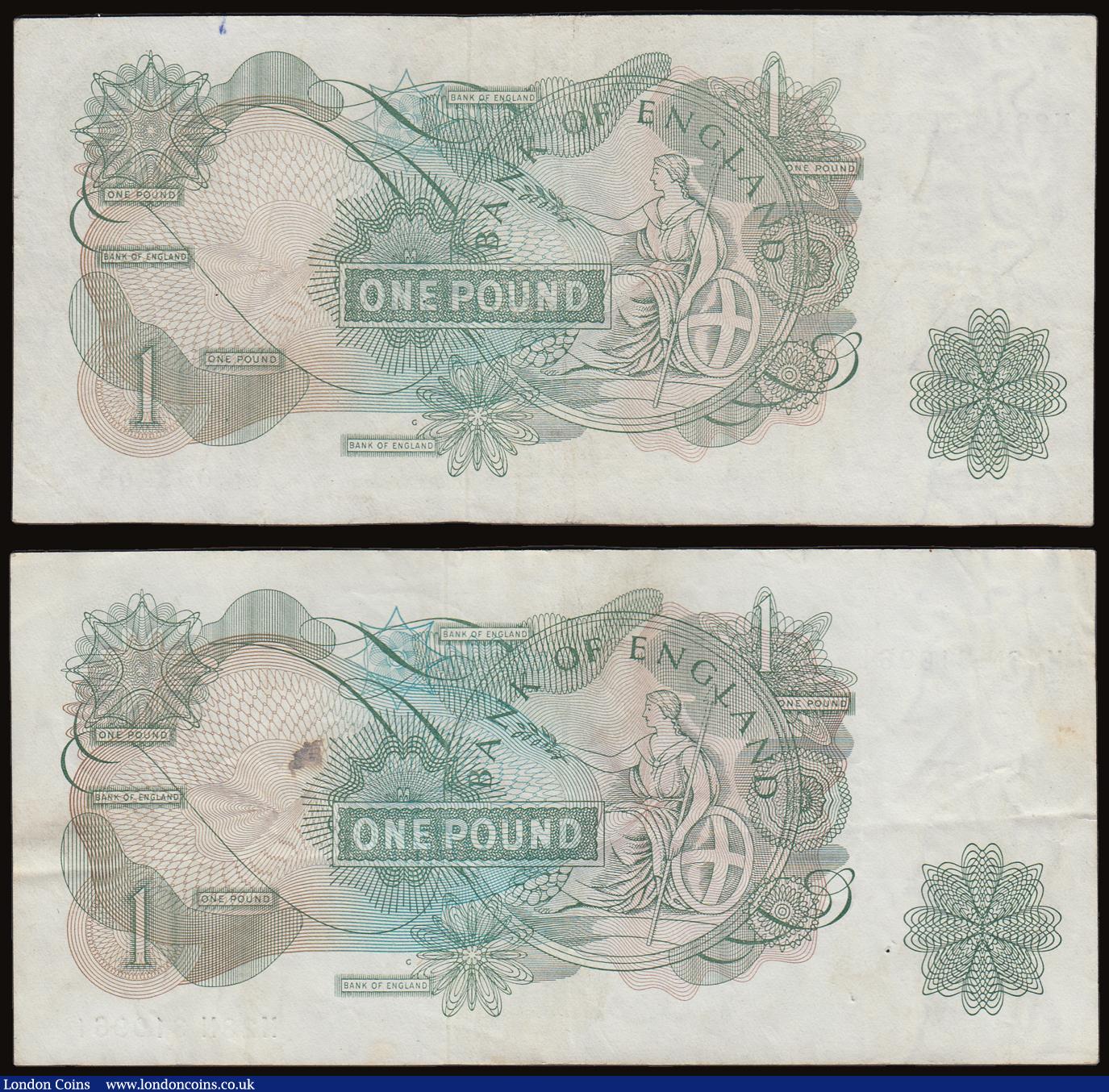 London Coins : A186 : Lot 113 : One Pound Hollom G reverse replacement B293 last run (2) M28N 068208 EF tiny ink spot reverse and M2...
