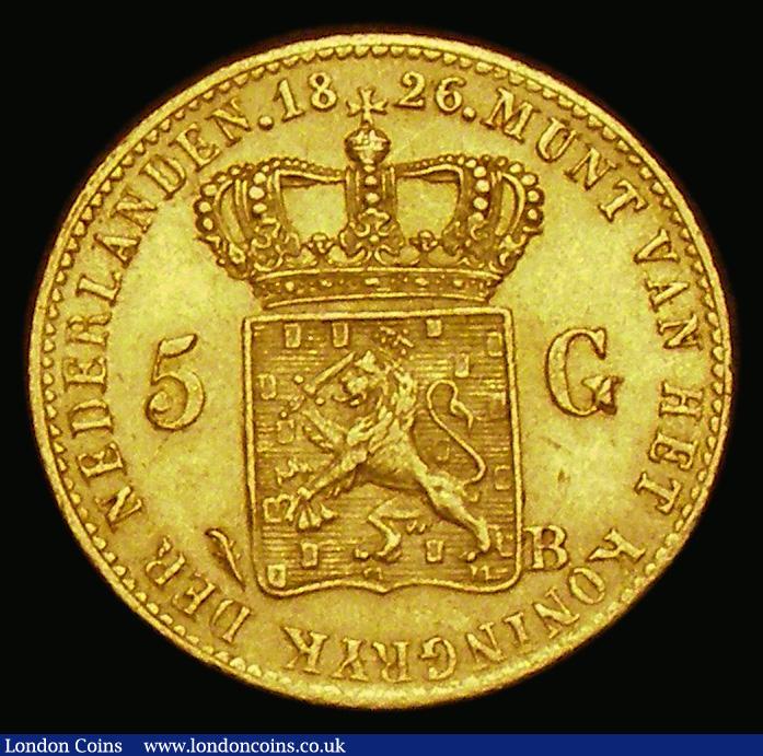 London Coins : A186 : Lot 1136 : Netherlands Five Gulden Gold 1826B KM#60 About EF/EF with some minor contact marks