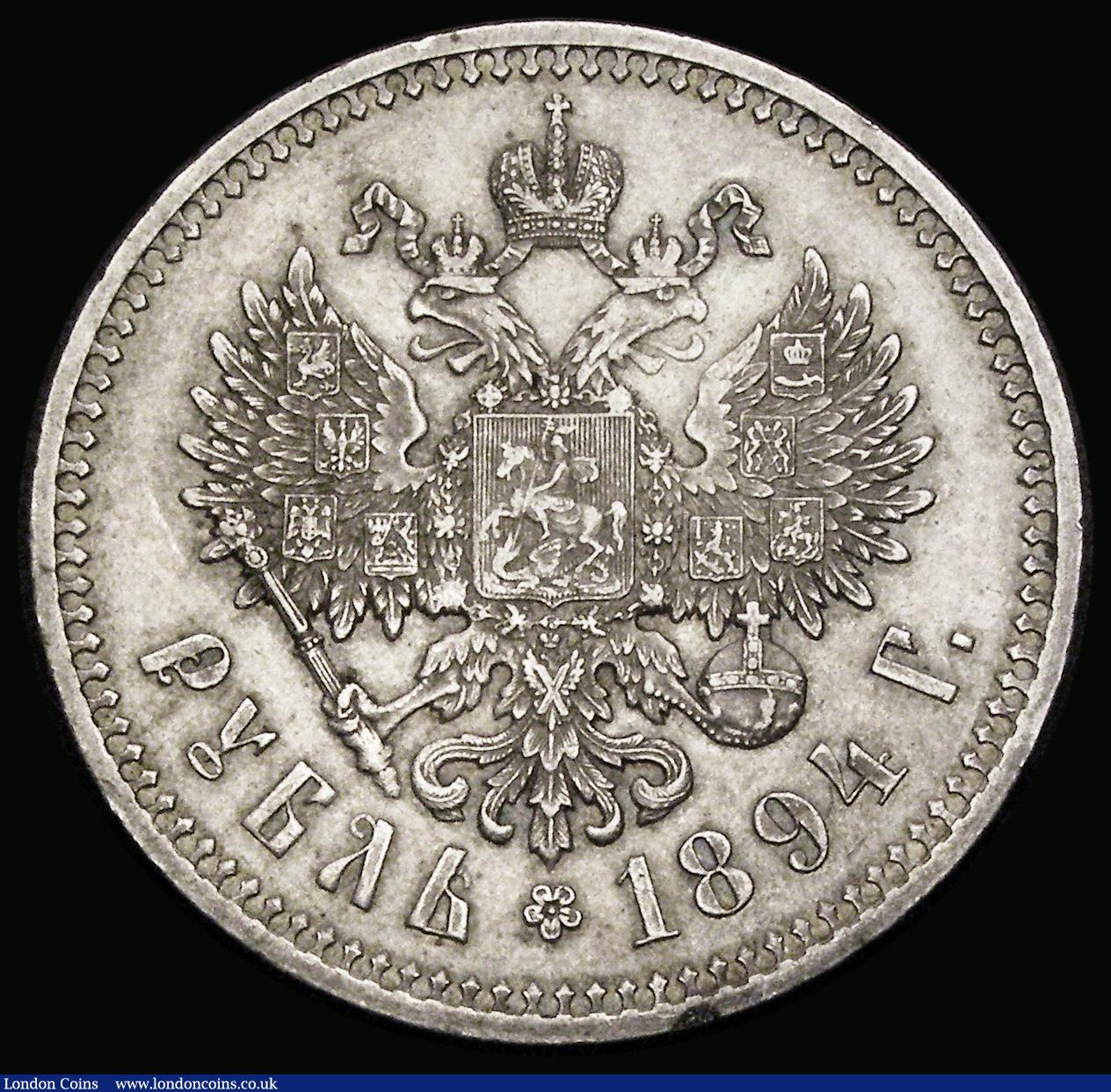 London Coins : A186 : Lot 1165 : Russia One Rouble 1894 AГ, Y#46, GVF, one of the key dates in the series with an extremely low mint...