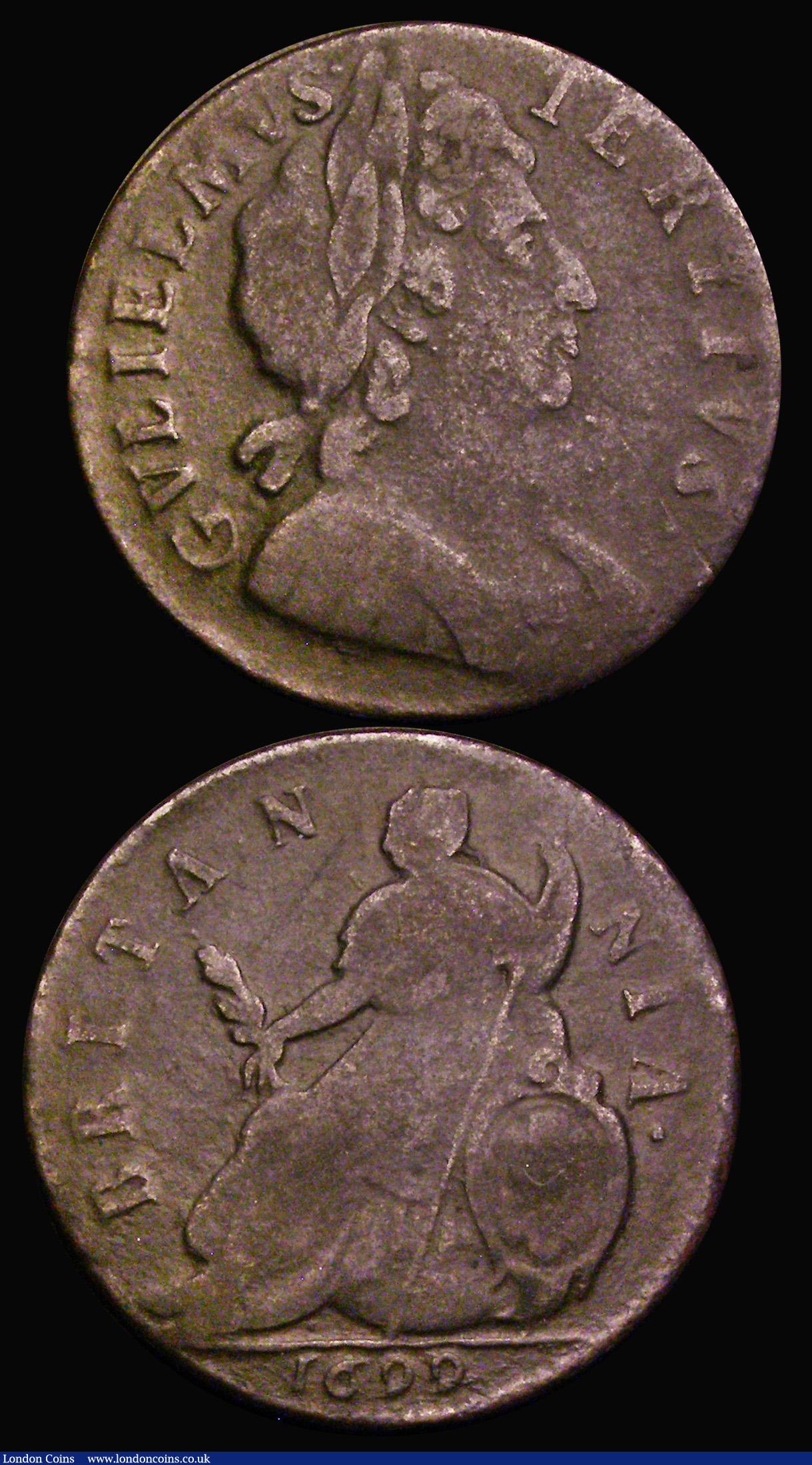 London Coins : A186 : Lot 1805 : Halfpennies (2) 1694 M&Lambda;RI&Lambda; error Peck 604, Fine, but cleaned and tooled in the fields,...