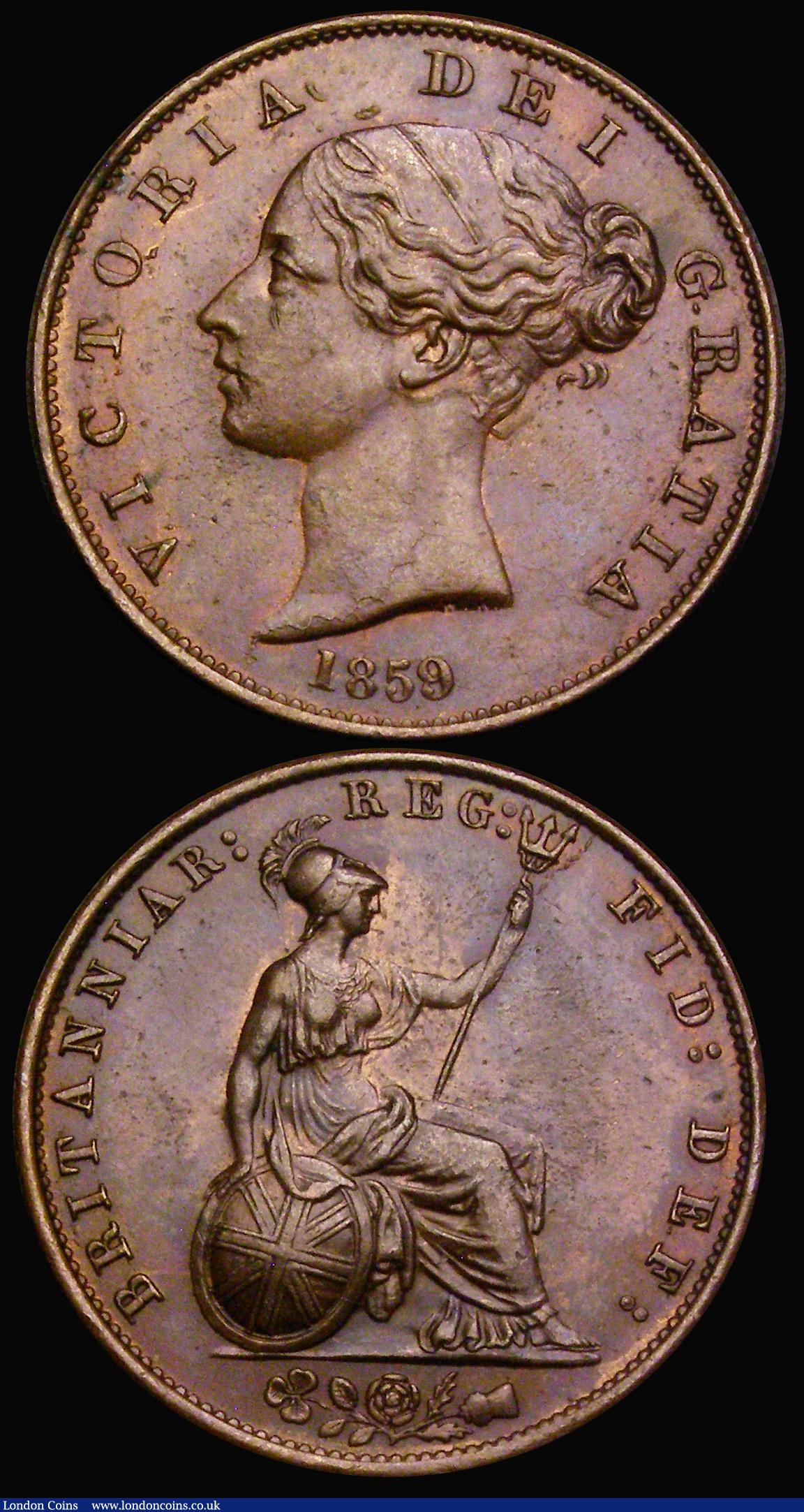 London Coins : A186 : Lot 1808 : Halfpennies (3) 1859 9 over 8 Peck 1550 VF or better, struck from rusty dies, 1858 8 over 6 Peck 154...