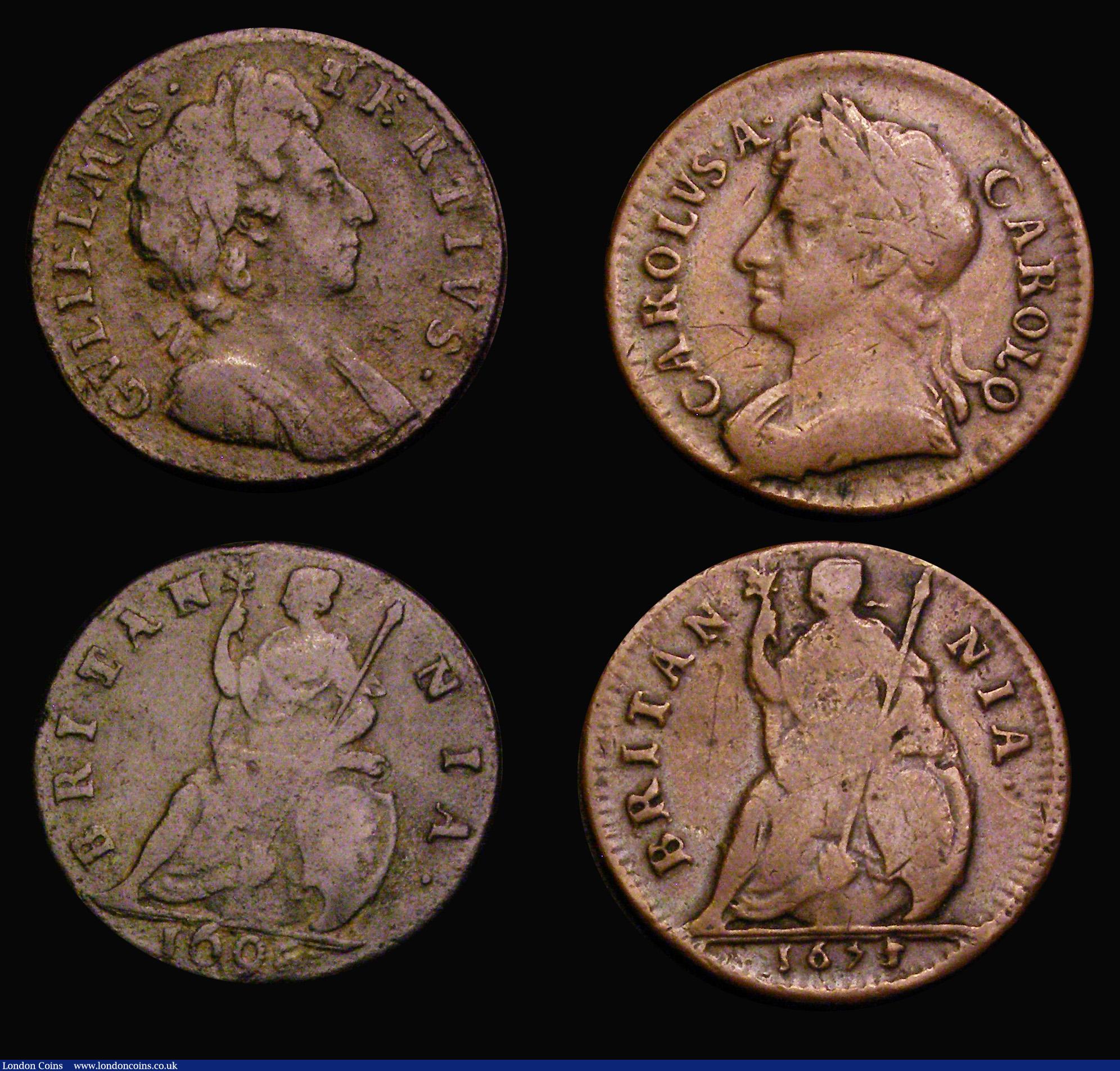London Coins : A186 : Lot 1809 : Halfpennies and Farthings (4) Halfpenny 1736 Peck 850 About Fine/Fine, Farthings (3) 1673 Peck 522 B...