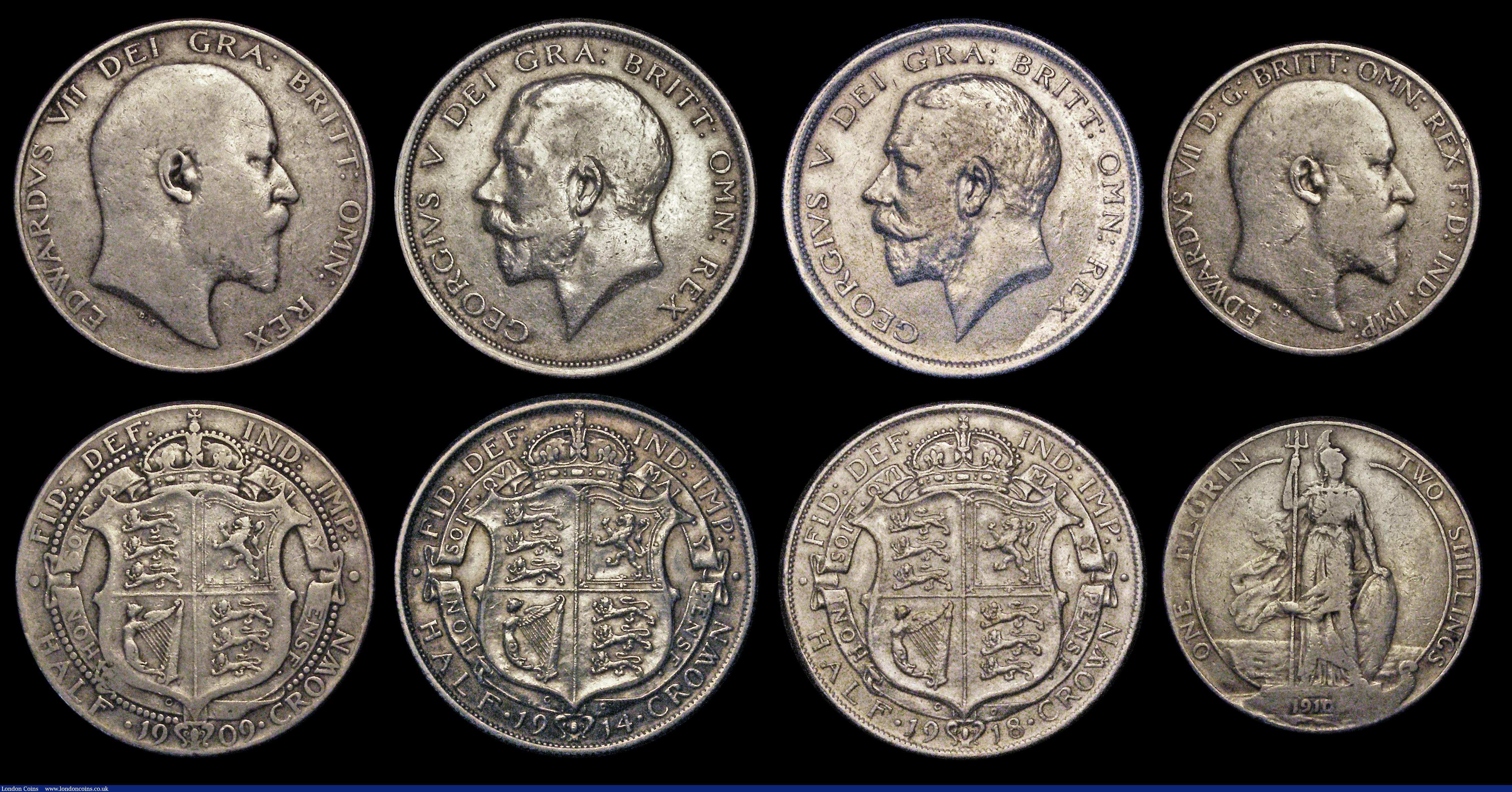 London Coins : A186 : Lot 2481 : Halfcrowns and Florin (9) comprising Halfcrowns (8) 1902 VG or slightly better, 1904 VG, 1906 Fine/V...