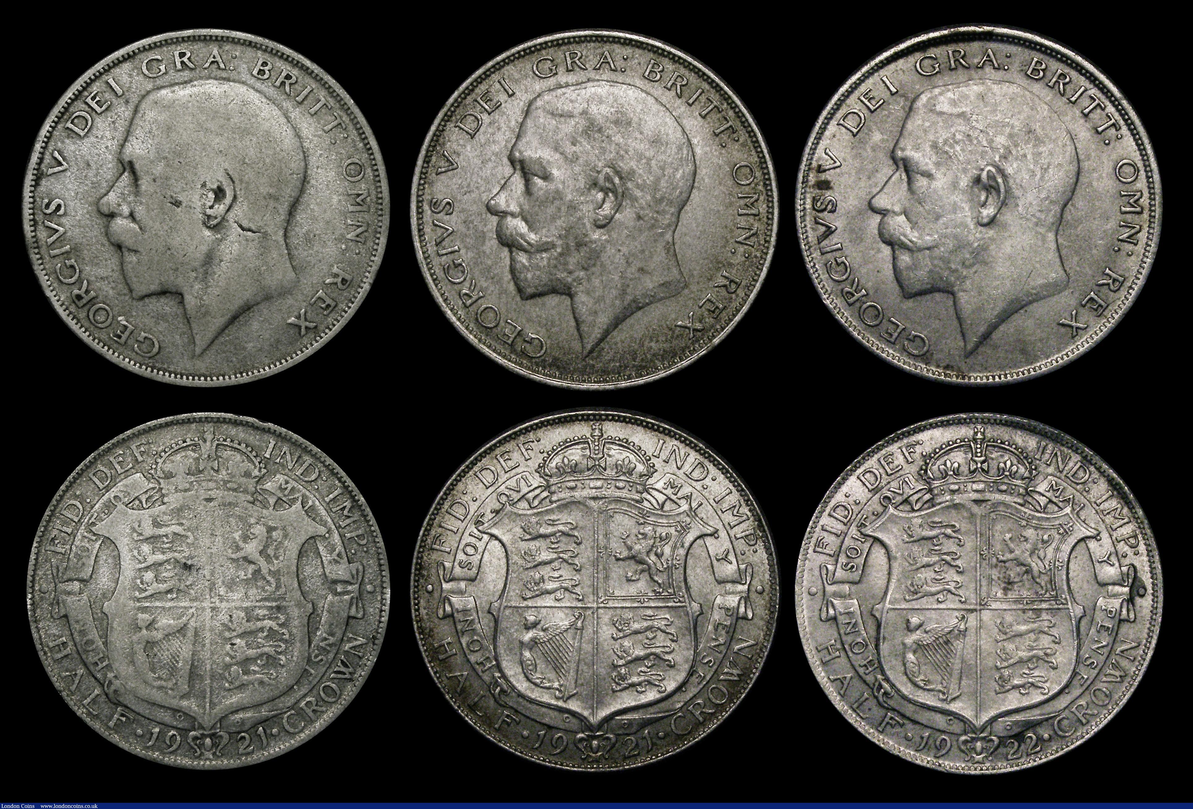 London Coins : A186 : Lot 2486 : Halfcrowns and Florins (6) comprising Halfcrowns (3) 1921 ESC 768, Bull 3722, Davies 1677 dies 3B VG...