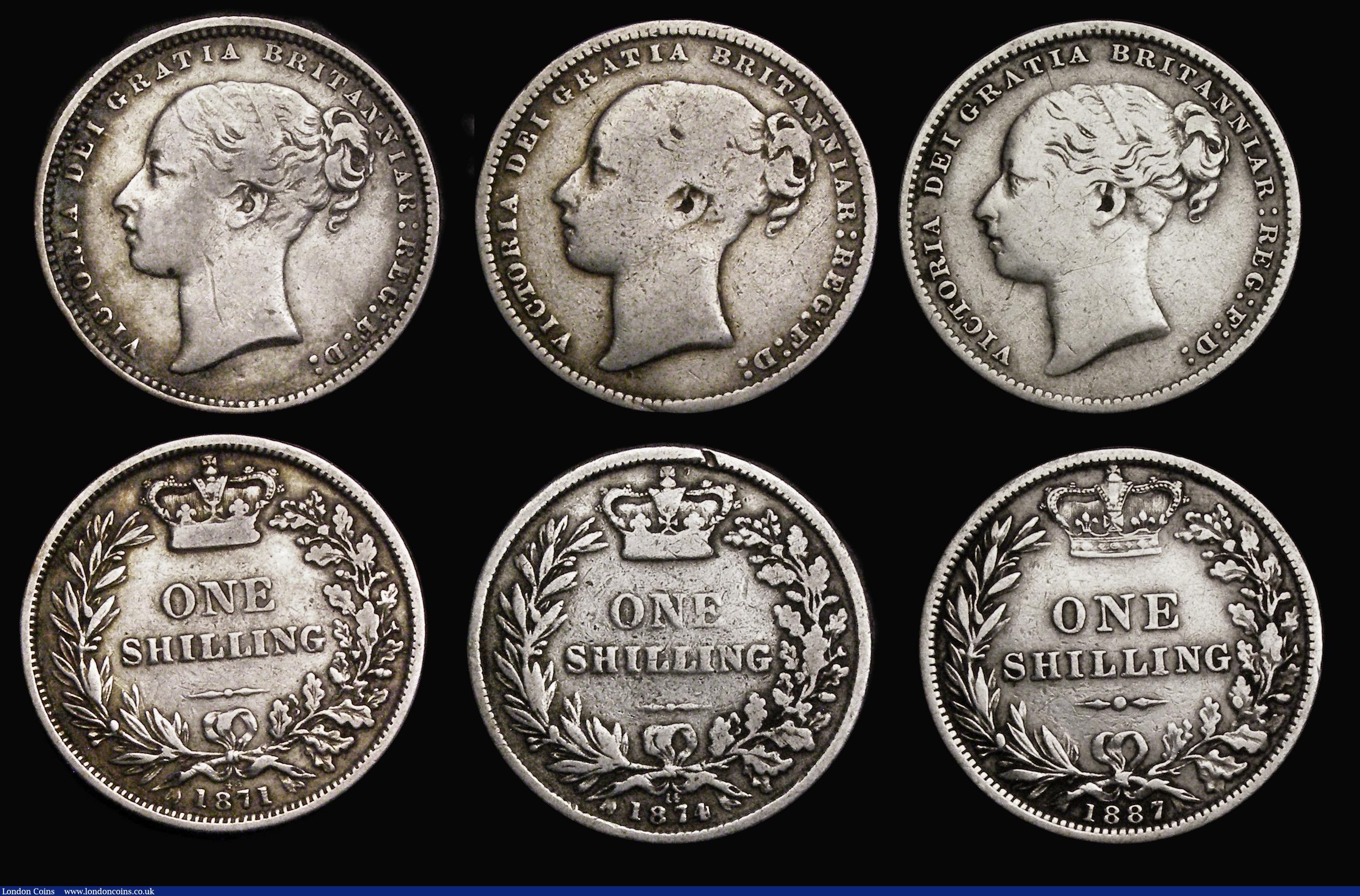 London Coins : A186 : Lot 2544 : Shillings (6) 1865 Die Number 59 NVF cleaned, 1866 Die Number 13 Fine, 1871 Die Number 48 About Fine...