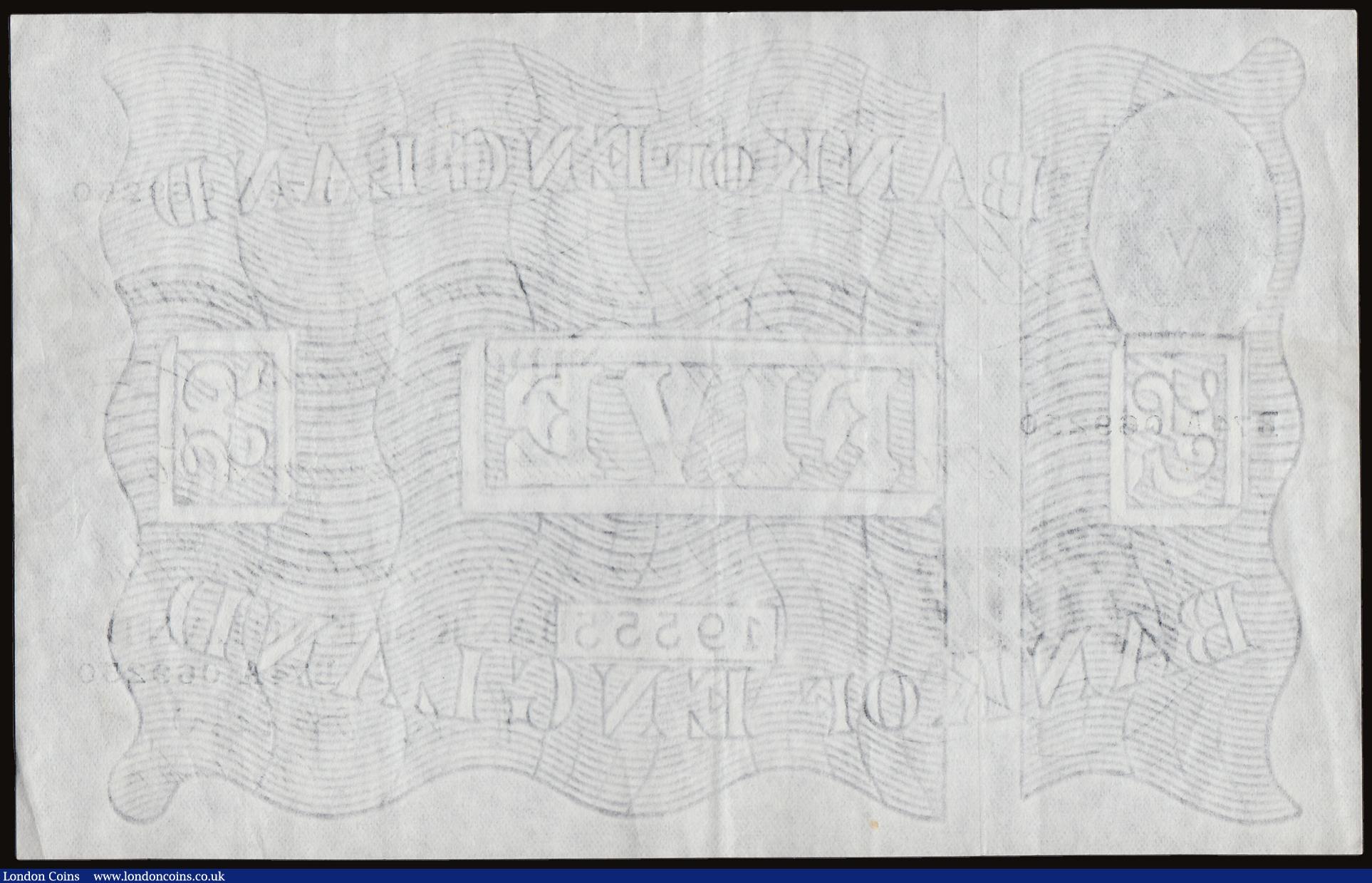 London Coins : A186 : Lot 93 : Five Pounds O'Brien white B276 dated 3rd January 1956, series B74A 069250, Pick345, VF or bette...