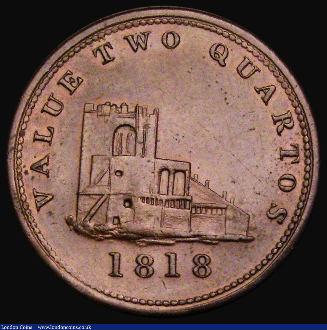 London Coins : A186 : Lot 941 : Gibraltar Two Quartos 1818 KM#Tn7, Pridmore 24, A/UNC with some minor hairlines, a most attractive e...