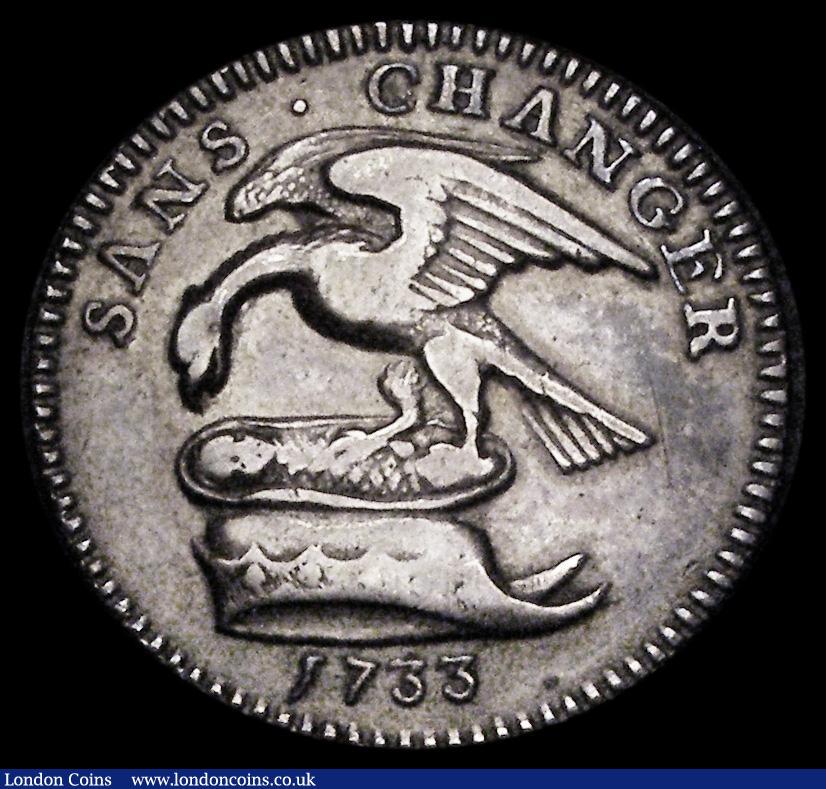 London Coins : A186 : Lot 950 : Isle of Man Halfpenny 1733 Silver Proof, interior of cap plain, Plain edge, S.7405, Pridmore 29A, M....