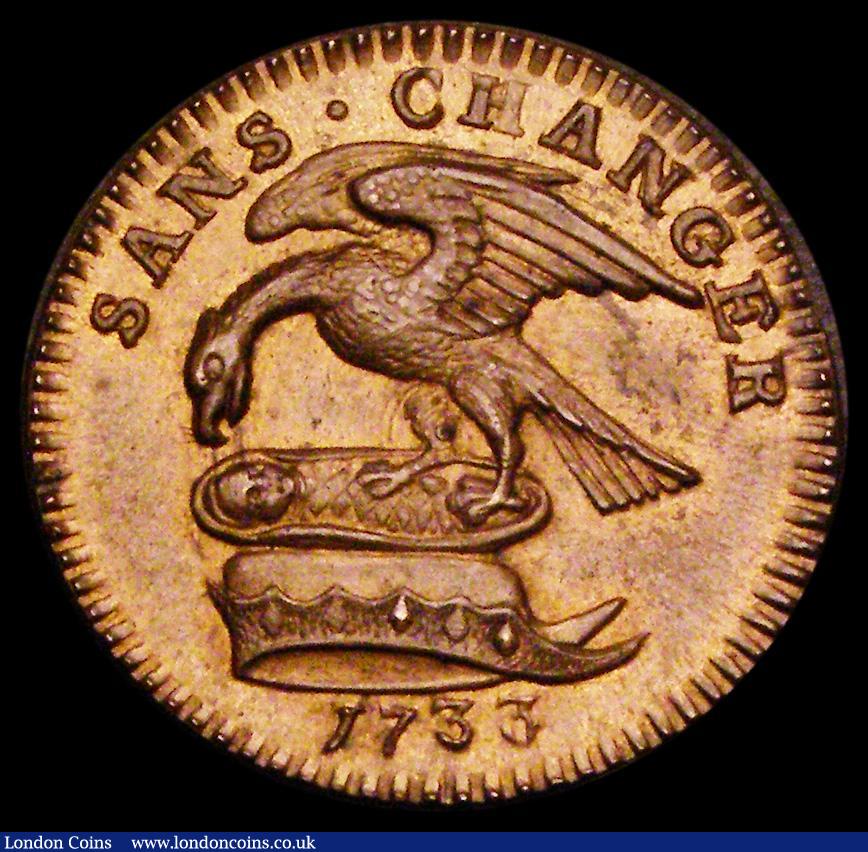 London Coins : A186 : Lot 951 : Isle of Man Halfpenny 1733 struck in Castletown, interior of cap plain, edge plain (filed) S.7405, P...