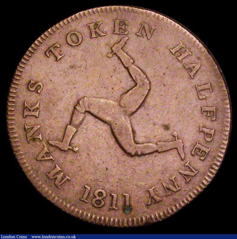 London Coins : A186 : Lot 957 : Isle of Man Halfpenny Token 1811 Douglas Obverse: Figure of Atlas kneeling, globe on his shoulders, ...