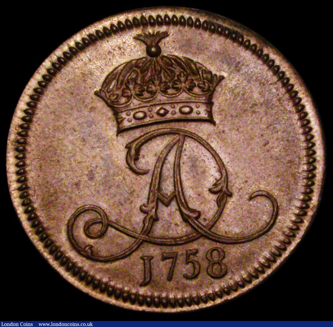 London Coins : A186 : Lot 960 : Isle of Man Penny 1758 S.7411, Pridmore 15, M.51 EF with traces of lustre and with some verdigris on...