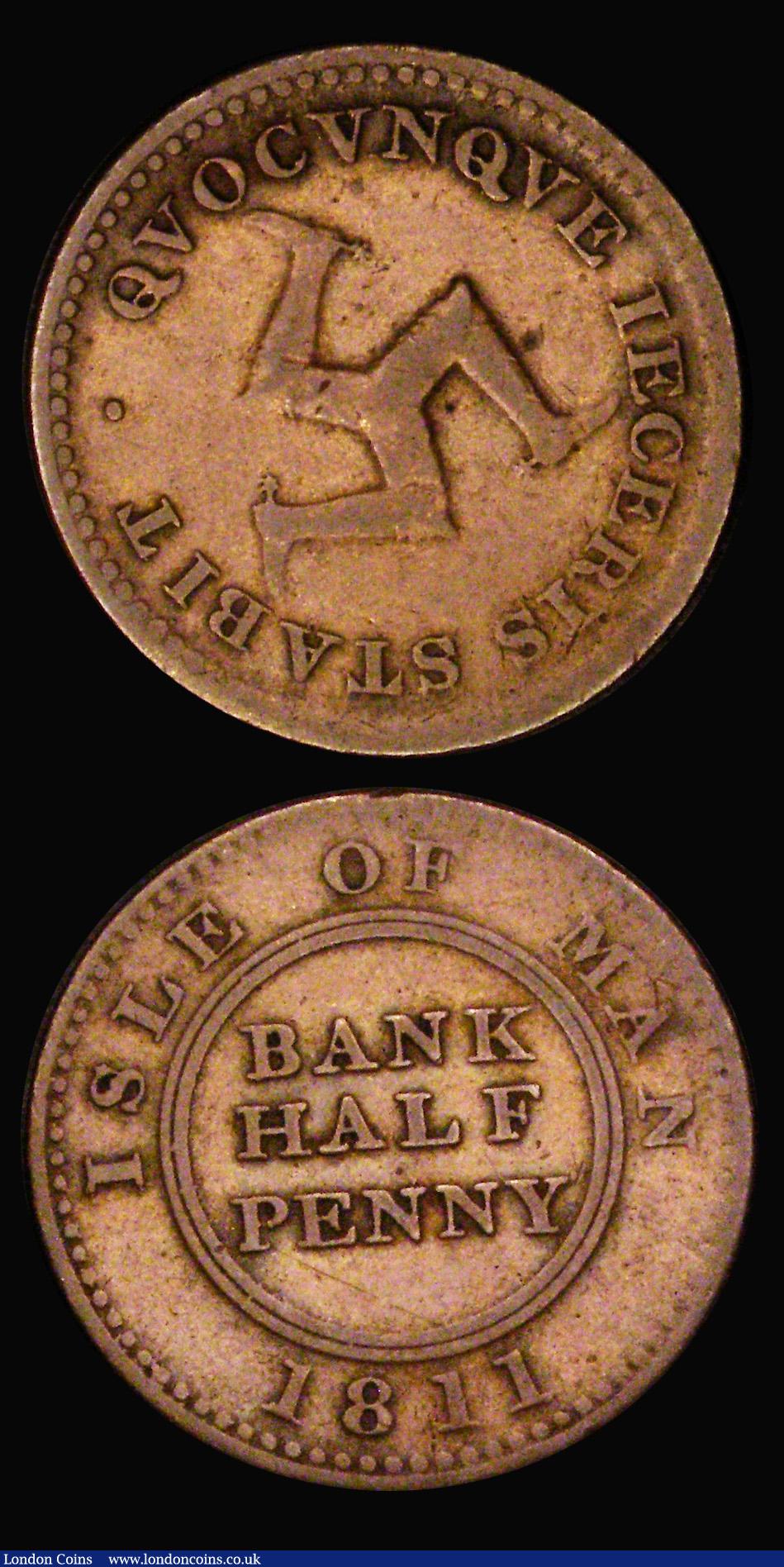 London Coins : A186 : Lot 971 : Isle of Man Tokens (2) Isle of Man Banking Co. Penny 1811 Castletown,  Obverse: ISLE OF MAN 1811 aro...