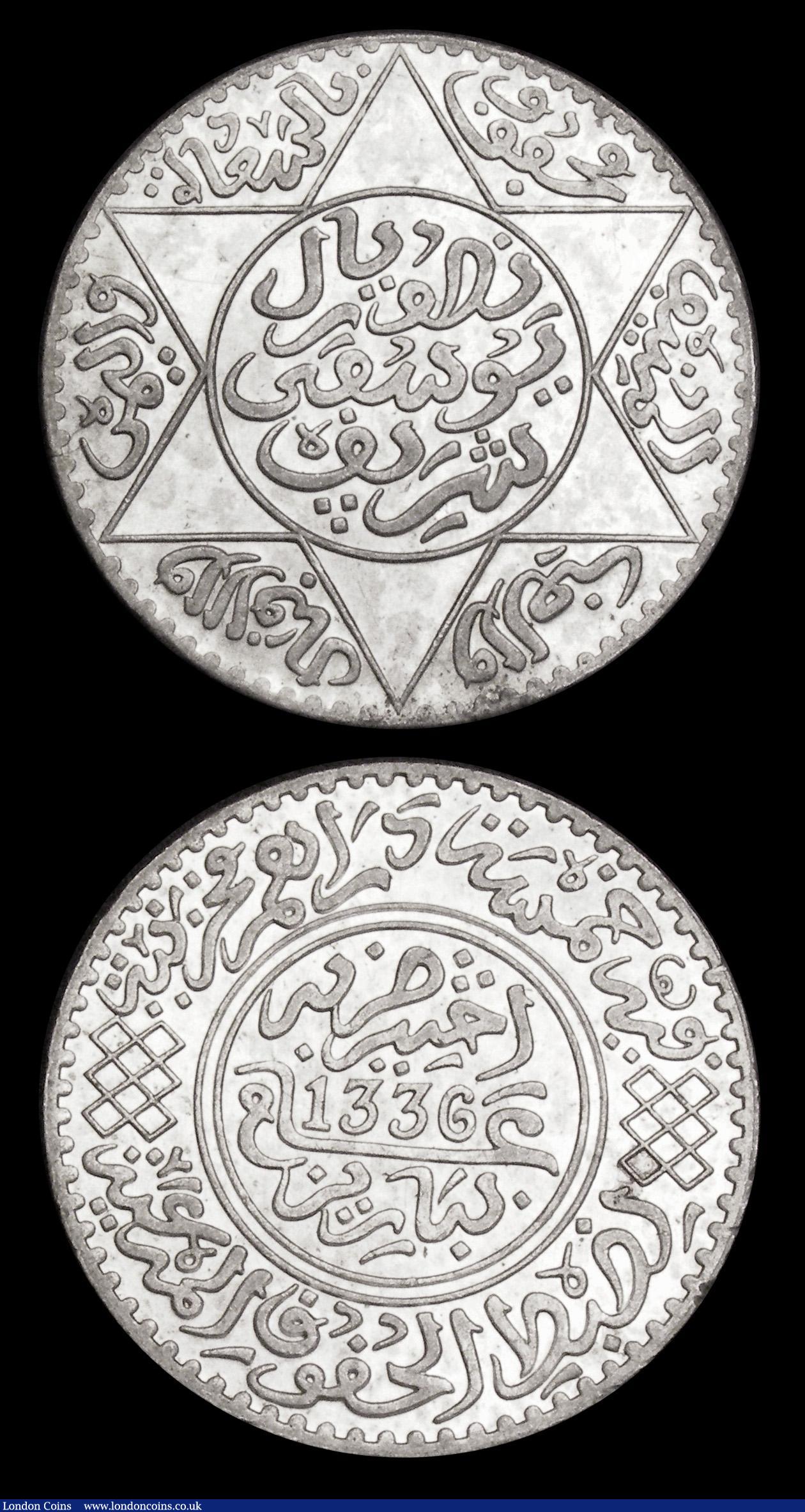 London Coins : A187 : Lot 1416 : Morocco Five Dirhams (2) AH1321 London Mint Y#21.2 A/UNC, AH1336 Paris Mint Y#32 A/UNC