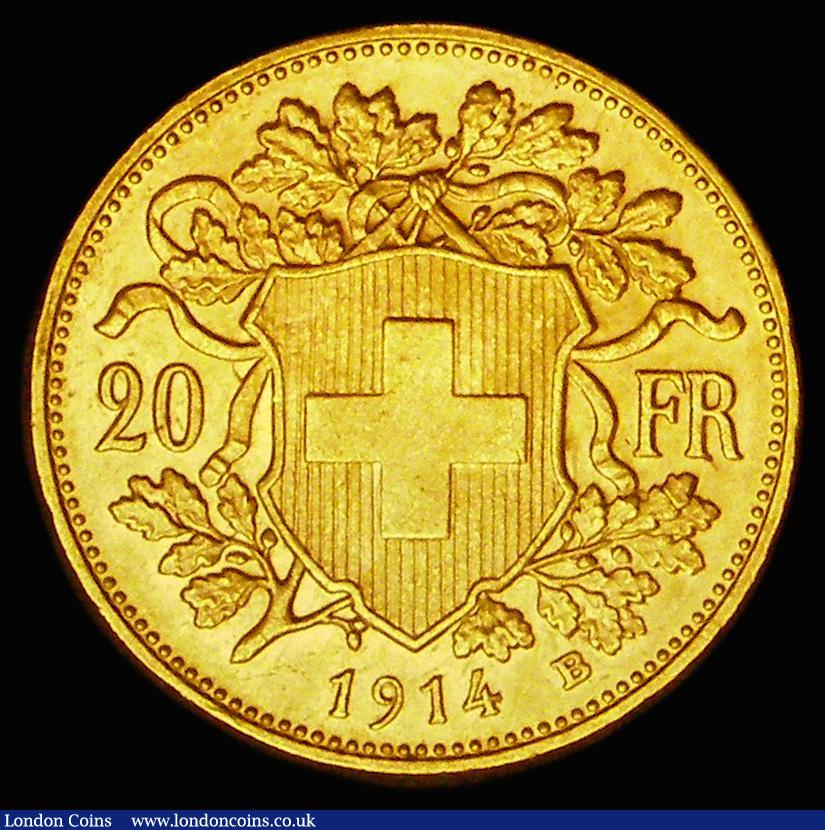 London Coins : A187 : Lot 1460 : Switzerland 20 Francs Gold 1914B KM#35.1 UNC or very near so with some small rim nicks