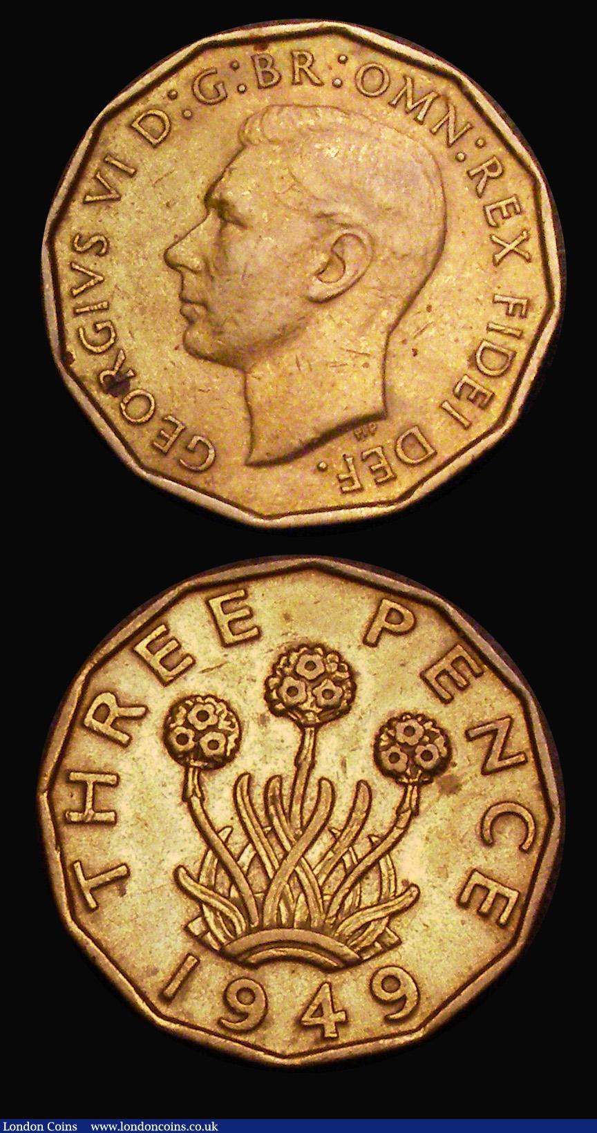 London Coins : A187 : Lot 1708 : Brass Threepences (2) 1946 Peck 2388 VF with some contact marks, 1949 Peck 2392 Good Fine, cleaned