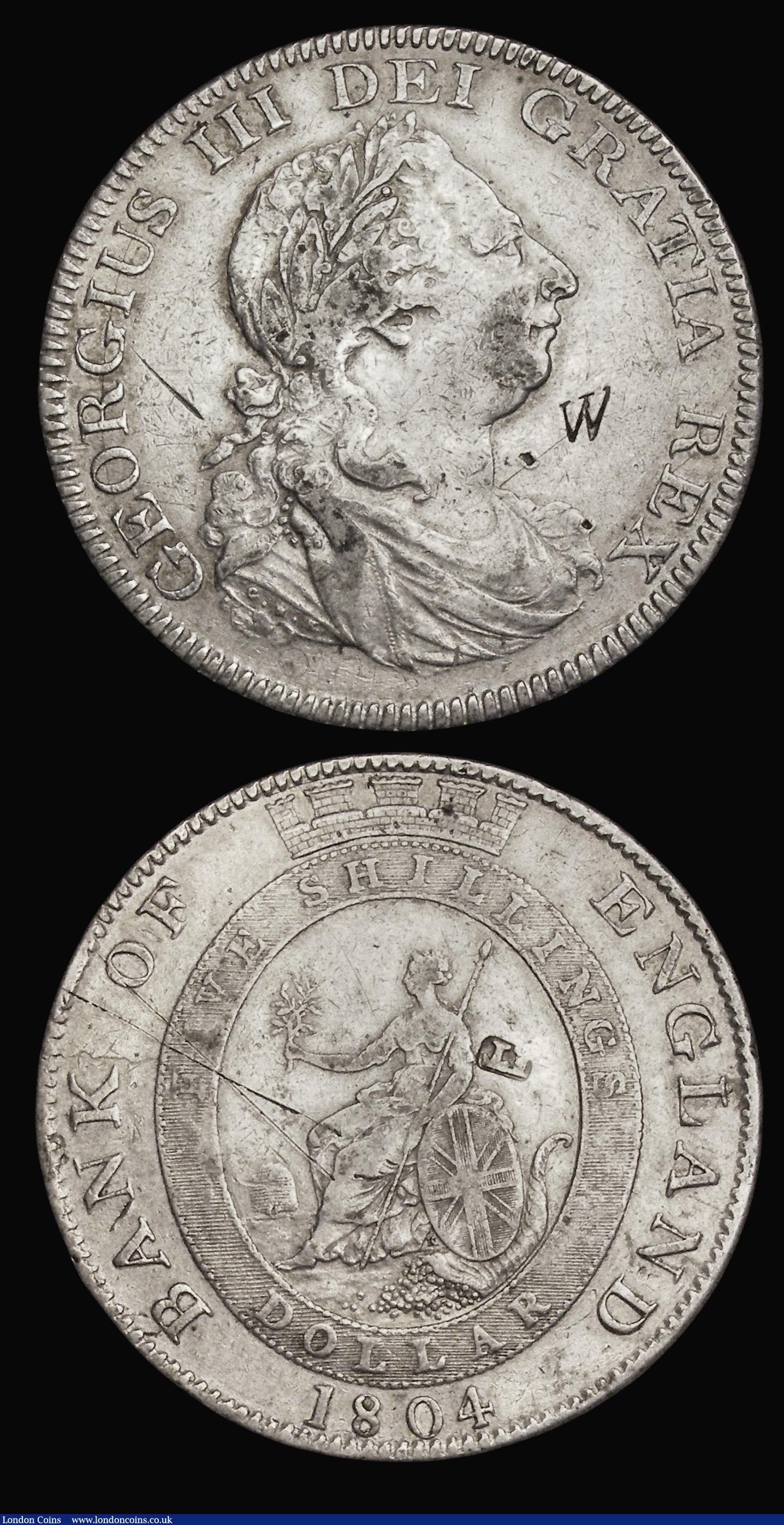 London Coins : A187 : Lot 1714 : Crown 1676 VICESIMO OCTAVO edge, ESC 51, Bull 397, VG, Dollar Bank of England 1804 No Stop after REX...