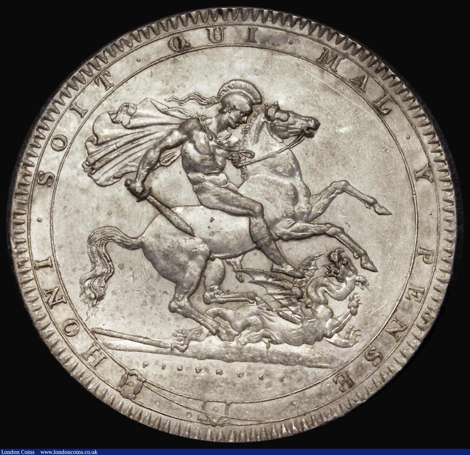 London Coins : A187 : Lot 1736 : Crown 1818 LVIII ESC 211, Bull 2005, NEF/GVF with many contact marks, the obverse with two darker to...