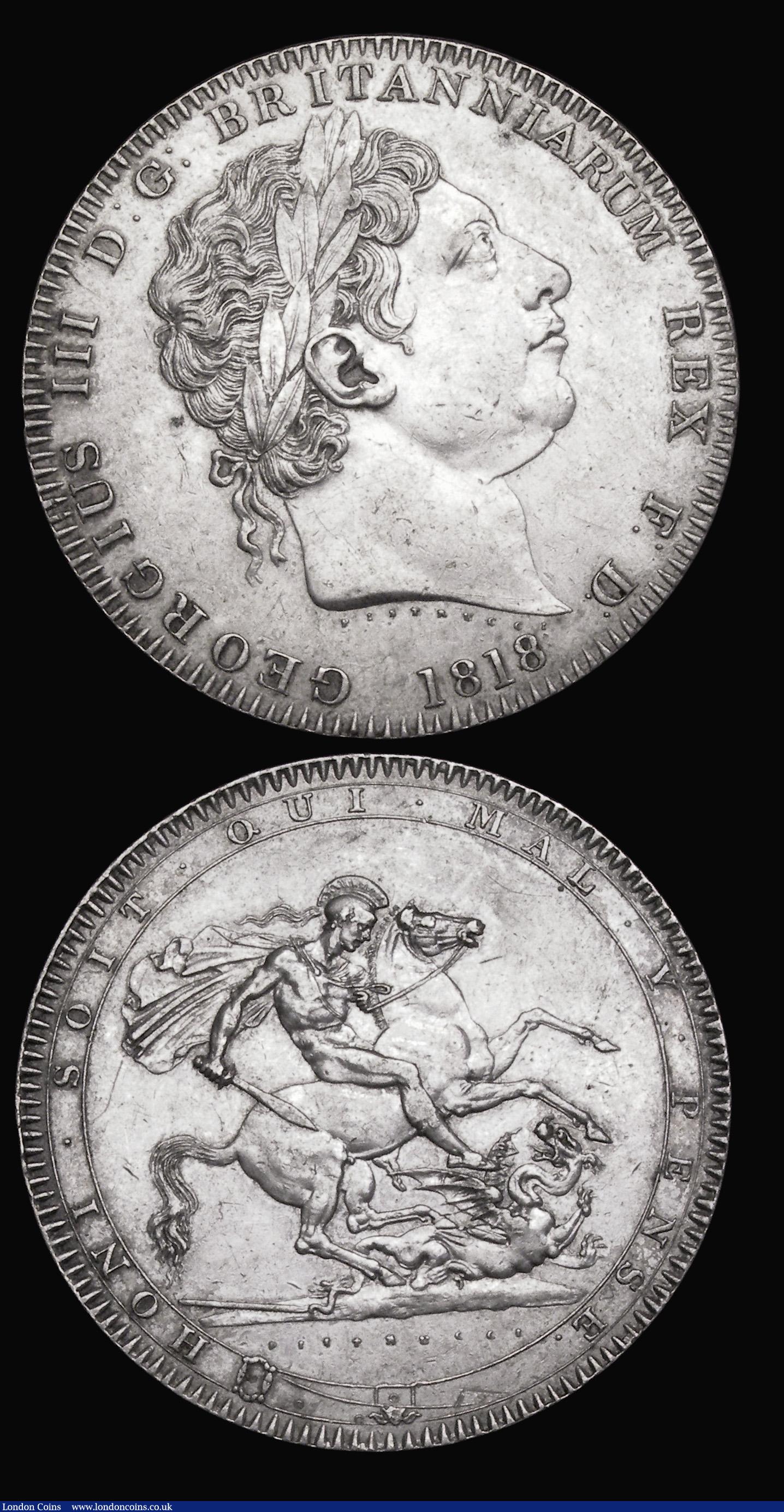 London Coins : A187 : Lot 1784 : Crowns (2) 1818 LVIII ESC 211, Bull 2005 Near VF with some contact marks and a small spot in the obv...