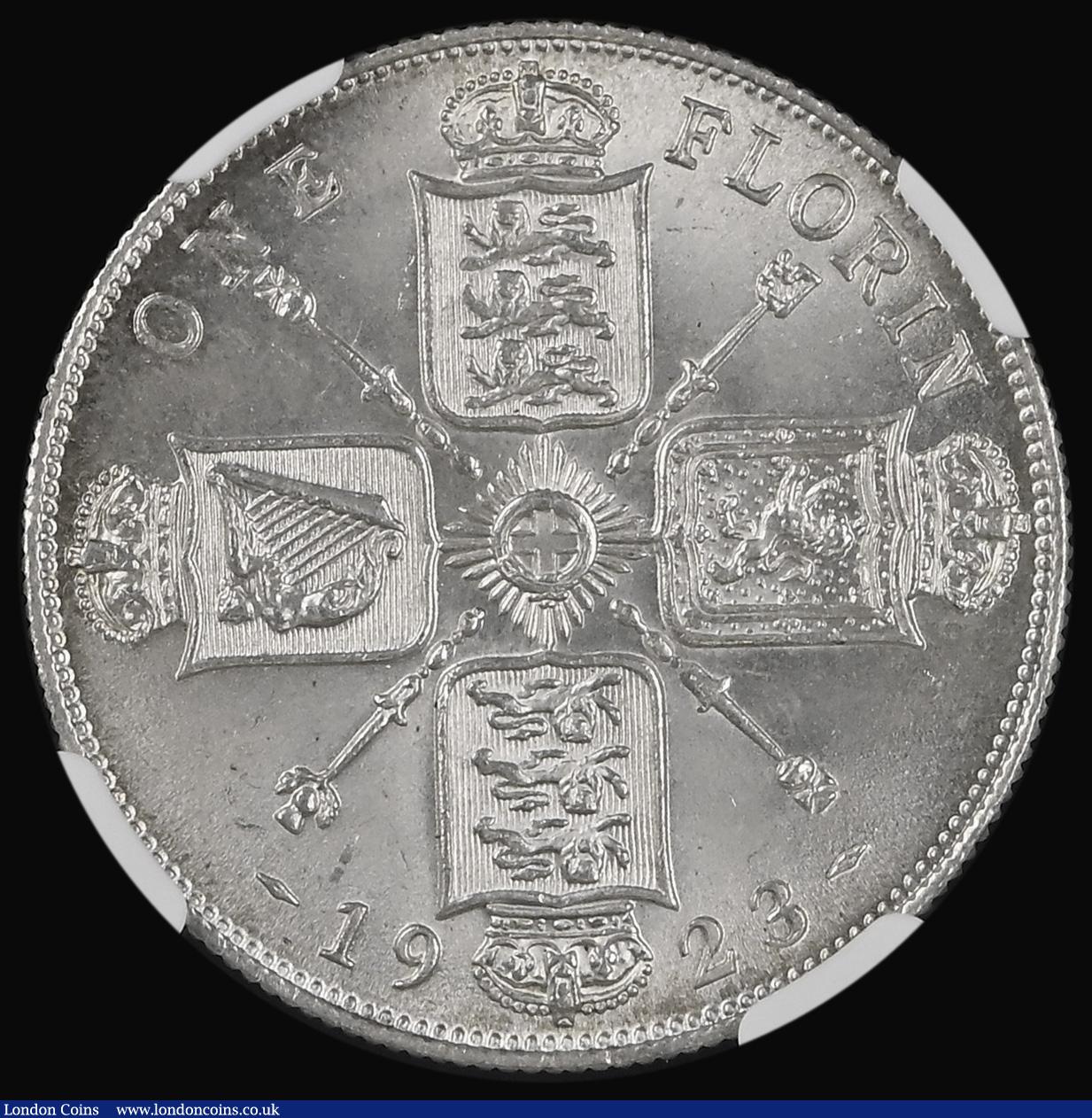 London Coins : A187 : Lot 1889 : Florin 1923 ESC 942, Bull 3774, Davies 1751 dies 3E, in an NGC holder and graded MS64, a choice exam...