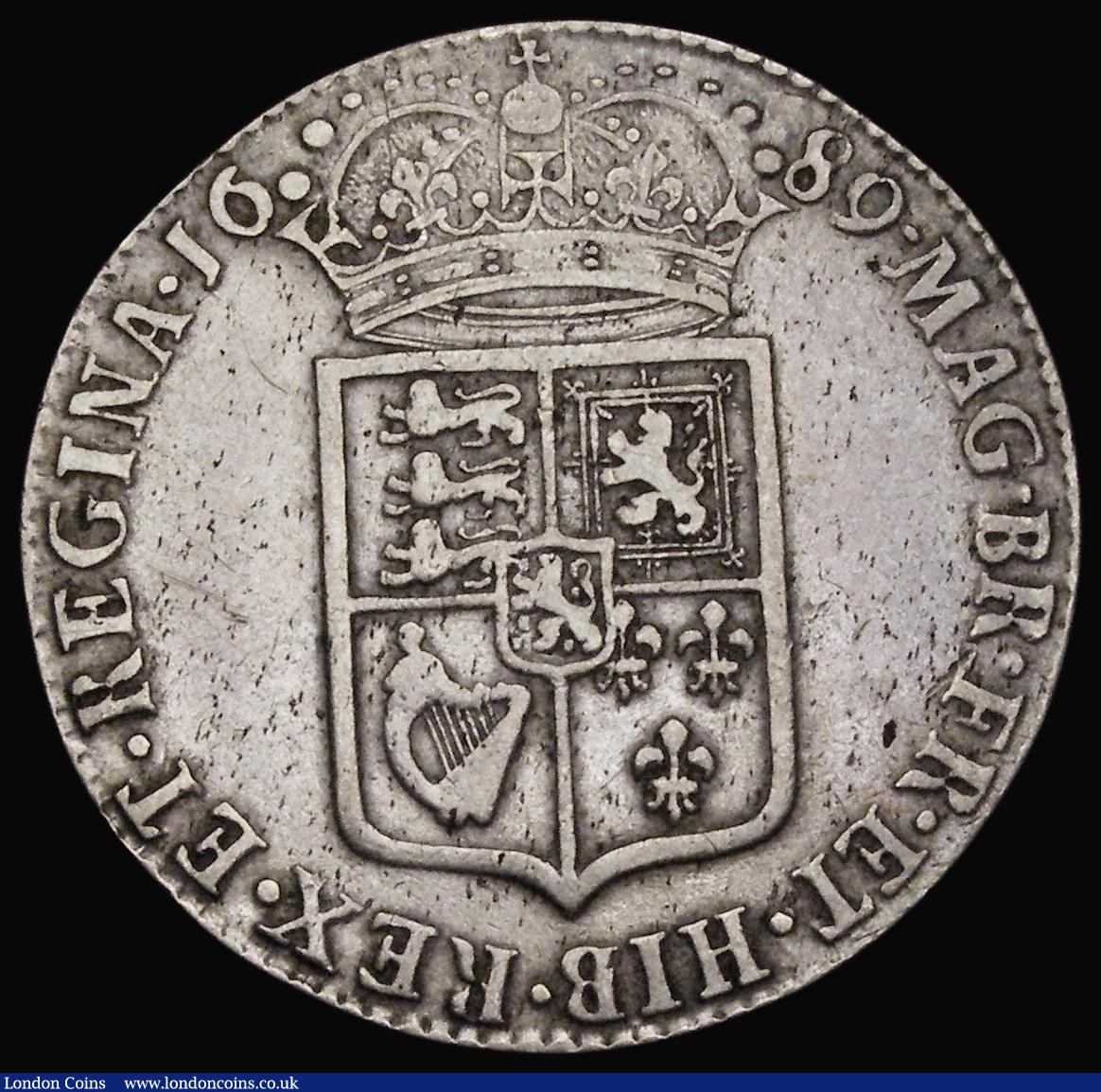 London Coins : A187 : Lot 2046 : Halfcrown 1689 First Shield, Caul only frosted, with pearls, ESC 505, Bull 831, Fine/Good Fine with ...